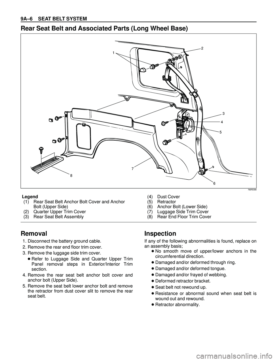 ISUZU TROOPER 1998 Service Repair Manual 9AÐ6 SEAT BELT SYSTEM
760RS006
Legend
(1) Rear Seat Belt Anchor Bolt Cover and Anchor
Bolt (Upper Side)
(2) Quarter Upper Trim Cover
(3) Rear Seat Belt Assembly(4) Dust Cover
(5) Retractor
(6) Anchor ISUZU TROOPER 1998 Service Repair Manual 9AÐ6 SEAT BELT SYSTEM
760RS006
Legend
(1) Rear Seat Belt Anchor Bolt Cover and Anchor
Bolt (Upper Side)
(2) Quarter Upper Trim Cover
(3) Rear Seat Belt Assembly(4) Dust Cover
(5) Retractor
(6) Anchor