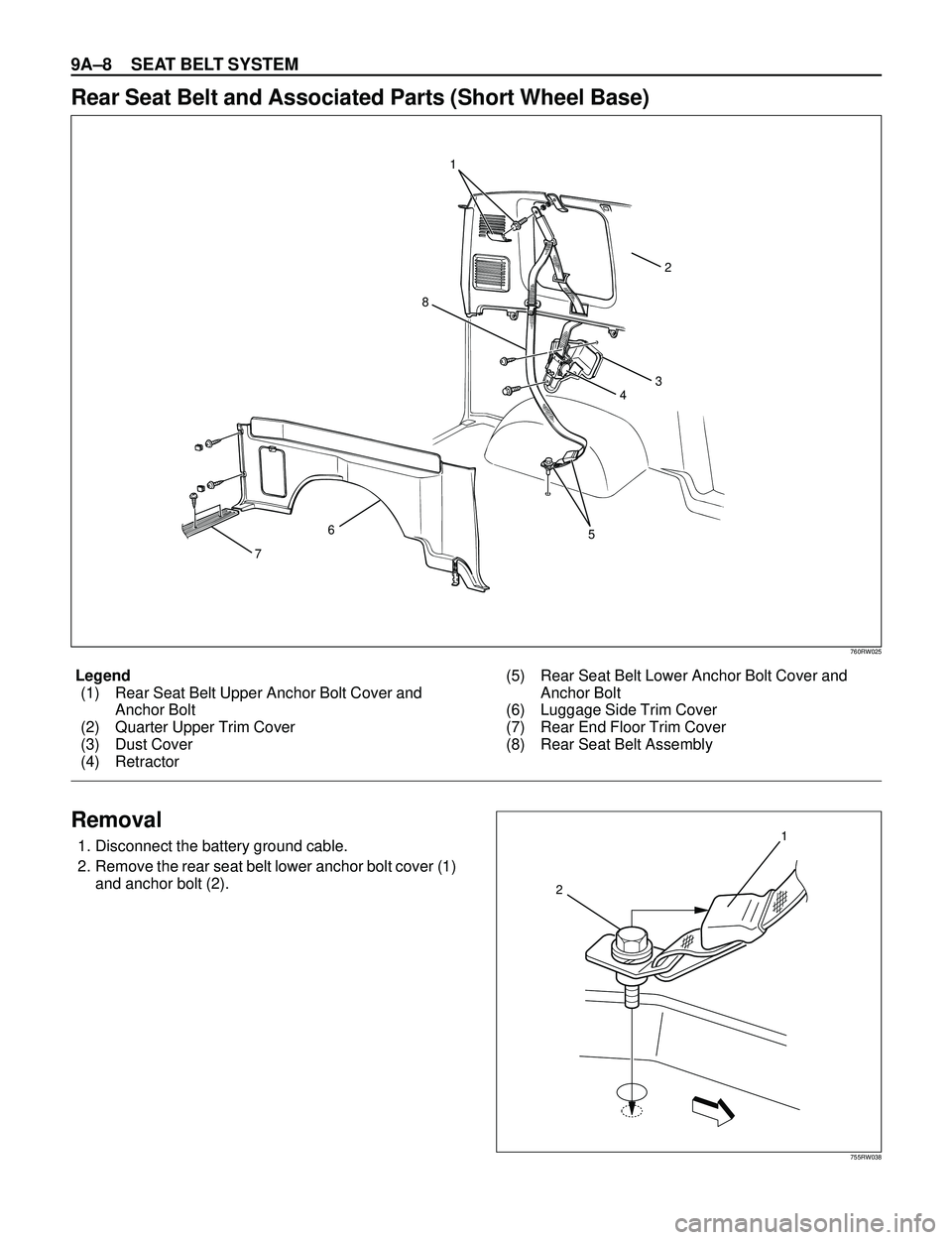 ISUZU TROOPER 1998 Service Repair Manual 9AÐ8 SEAT BELT SYSTEM
760RW025
Legend
(1) Rear Seat Belt Upper Anchor Bolt Cover and
Anchor Bolt
(2) Quarter Upper Trim Cover
(3) Dust Cover
(4) Retractor(5) Rear Seat Belt Lower Anchor Bolt Cover an ISUZU TROOPER 1998 Service Repair Manual 9AÐ8 SEAT BELT SYSTEM
760RW025
Legend
(1) Rear Seat Belt Upper Anchor Bolt Cover and
Anchor Bolt
(2) Quarter Upper Trim Cover
(3) Dust Cover
(4) Retractor(5) Rear Seat Belt Lower Anchor Bolt Cover an