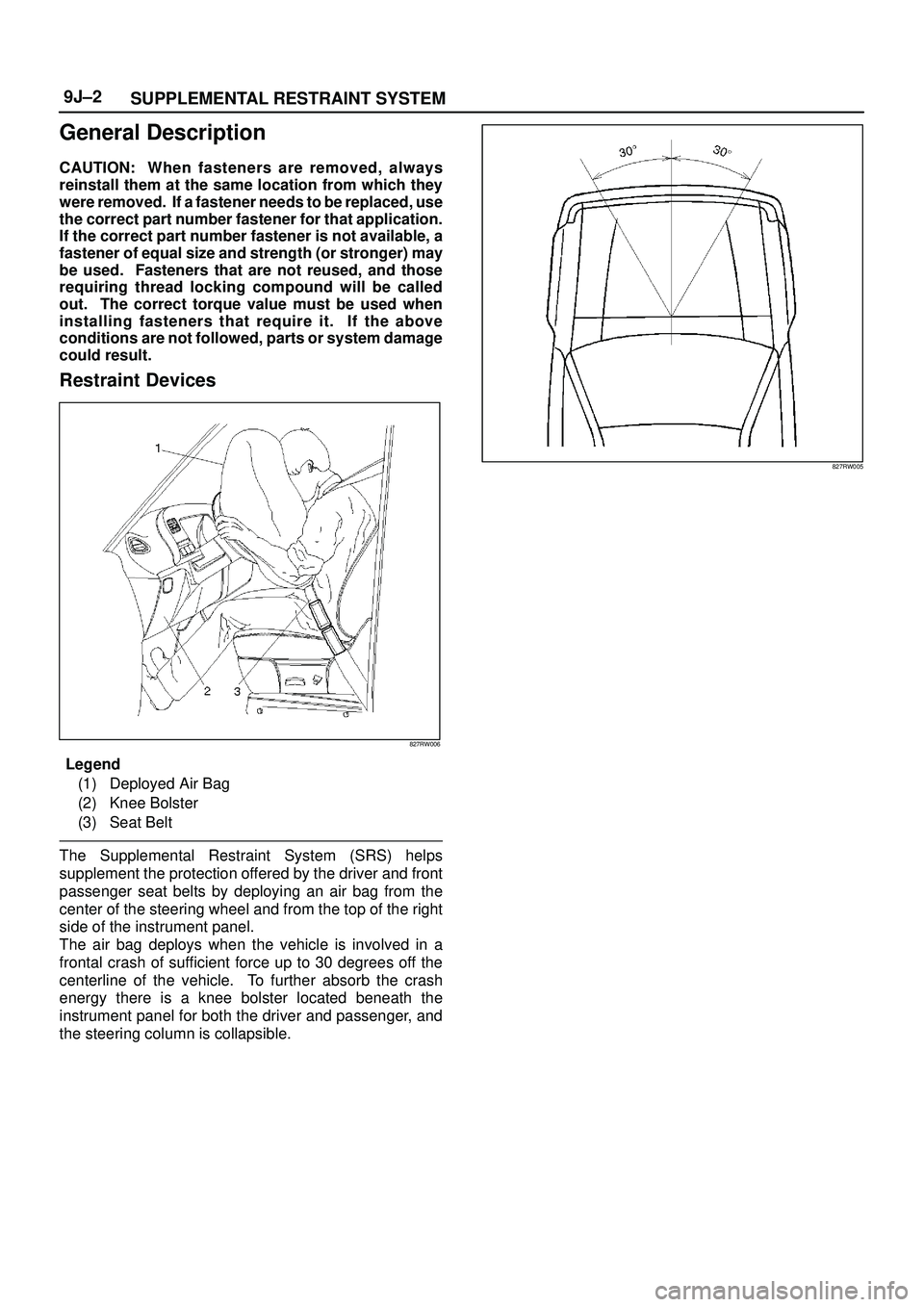 ISUZU TROOPER 1998  Service Repair Manual SUPPLEMENTAL RESTRAINT SYSTEM 9J±2
General Description
CAUTION: When fasteners are removed, always
reinstall them at the same location from which they
were removed.  If a fastener needs to be replace