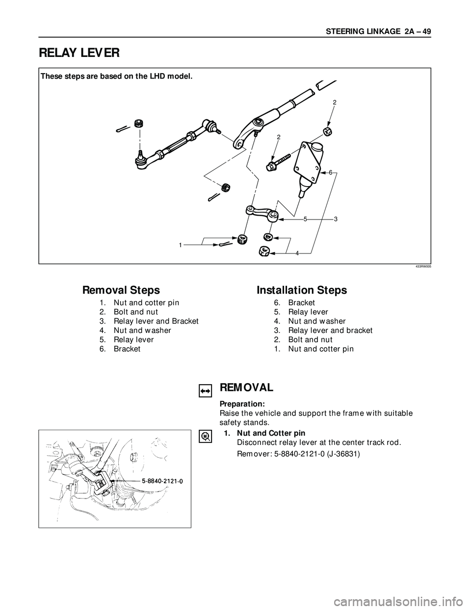 ISUZU TROOPER 1998 Service Manual PDF STEERING LINKAGE 2A – 49
RELAY LEVER
2
2
3
6
5
4 1 hese steps are based on the LHD model.
Removal Steps
1. Nut and cotter pin
2. Bolt and nut
3. Relay lever and Bracket
4. Nut and washer
5. Relay l ISUZU TROOPER 1998 Service Manual PDF STEERING LINKAGE 2A – 49
RELAY LEVER
2
2
3
6
5
4 1 hese steps are based on the LHD model.
Removal Steps
1. Nut and cotter pin
2. Bolt and nut
3. Relay lever and Bracket
4. Nut and washer
5. Relay l