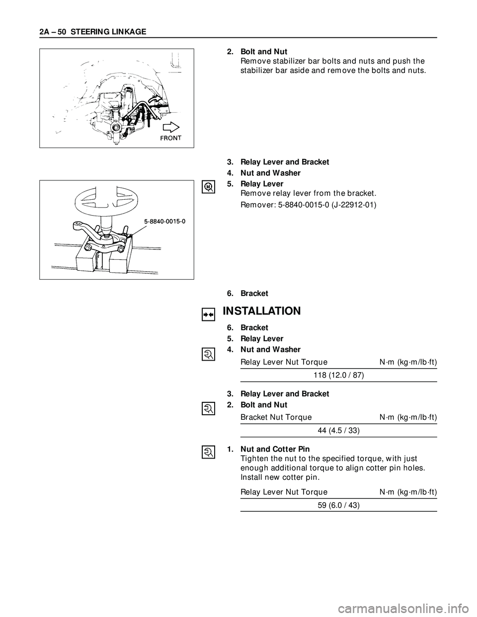ISUZU TROOPER 1998 Service Manual PDF 2A – 50 STEERING LINKAGE
2. Bolt and Nut
Remove stabilizer bar bolts and nuts and push the
stabilizer bar aside and remove the bolts and nuts.
3. Relay Lever and Bracket
4. Nut and Washer
5. Relay L ISUZU TROOPER 1998 Service Manual PDF 2A – 50 STEERING LINKAGE
2. Bolt and Nut
Remove stabilizer bar bolts and nuts and push the
stabilizer bar aside and remove the bolts and nuts.
3. Relay Lever and Bracket
4. Nut and Washer
5. Relay L