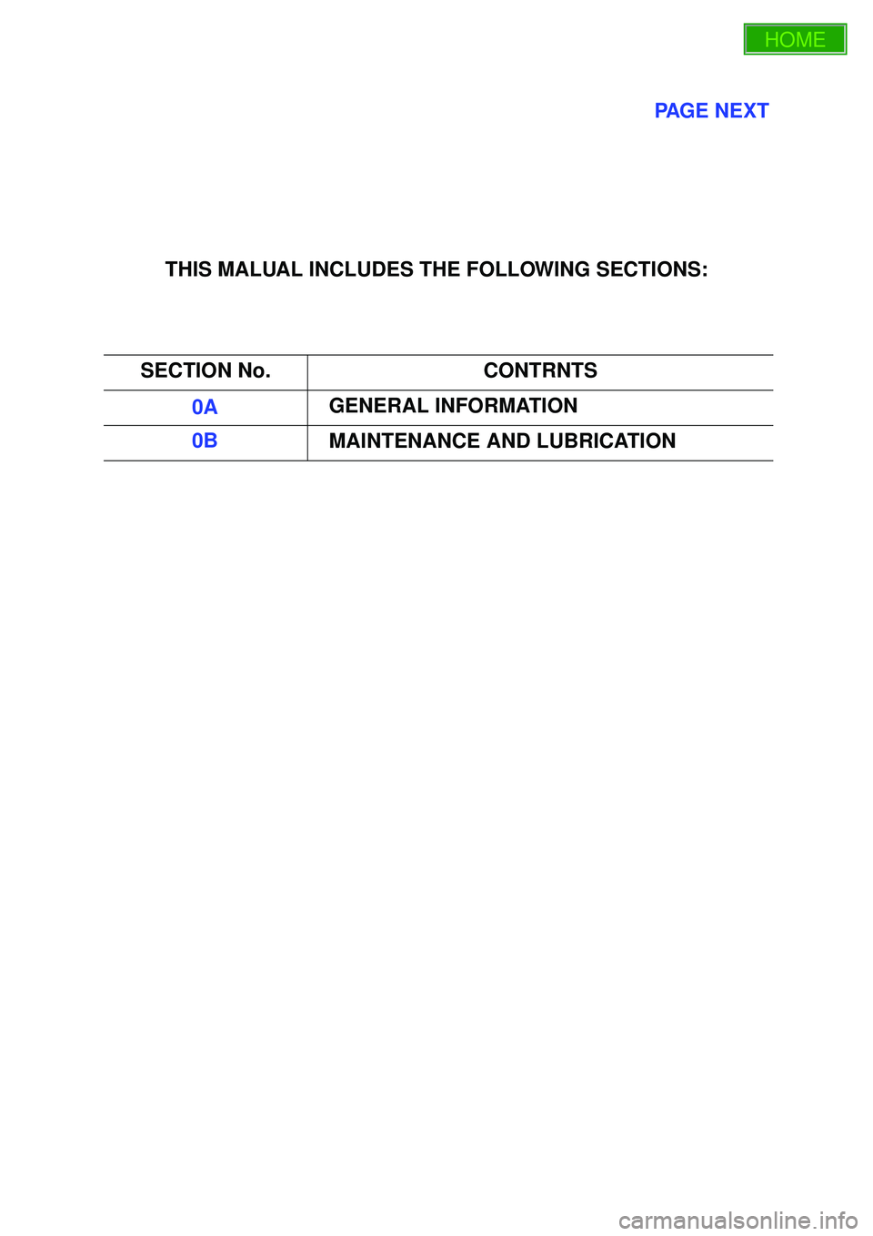 ISUZU TROOPER 1998  Service Repair Manual PAGE NEXT
THIS MALUAL INCLUDES THE FOLLOWING SECTIONS:
SECTION No. CONTRNTS
0A GENERAL INFORMATION
0B MAINTENANCE AND LUBRICATION 