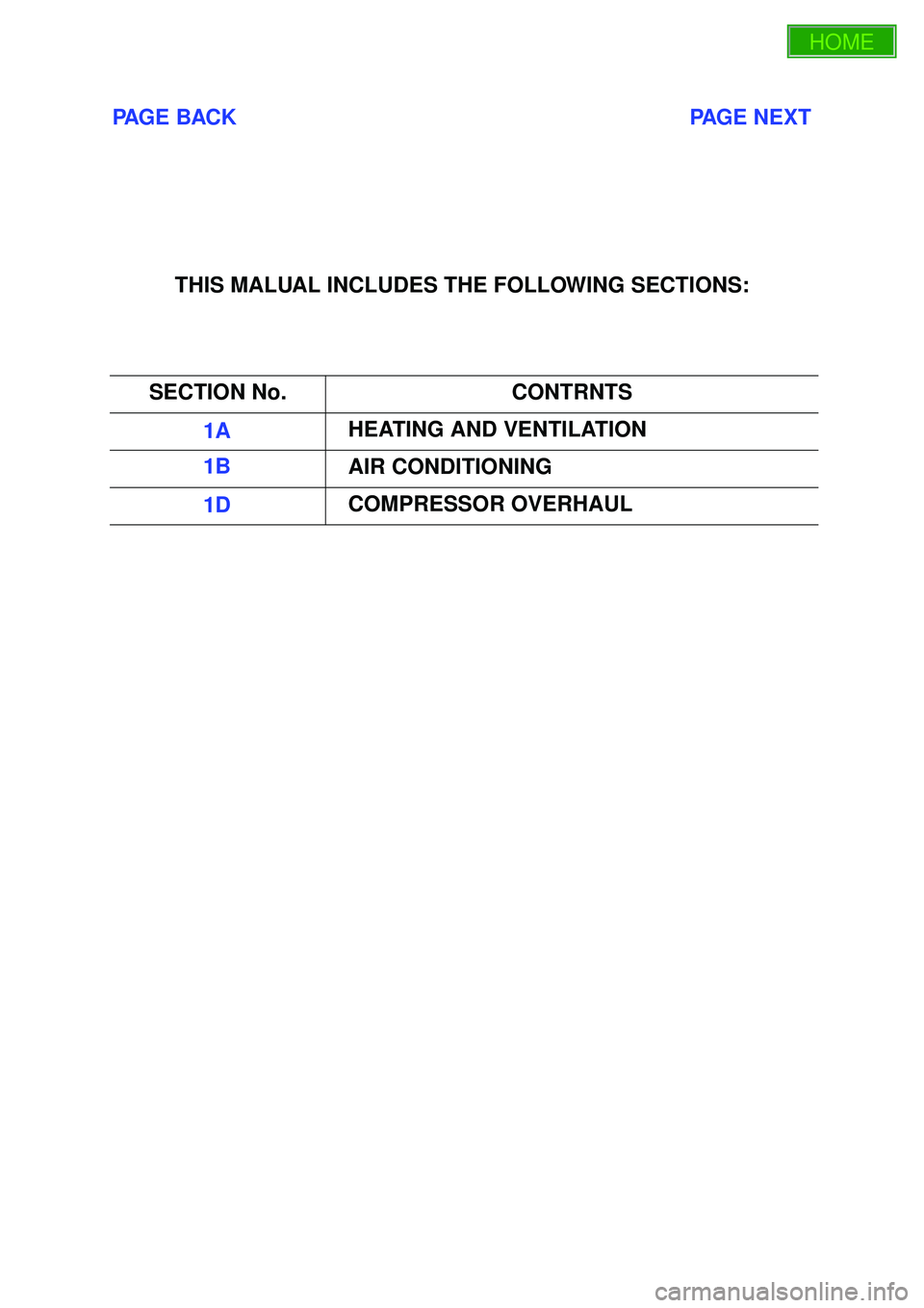 ISUZU TROOPER 1998 Service Repair Manual PAGE BACK PAGE NEXT
THIS MALUAL INCLUDES THE FOLLOWING SECTIONS:
SECTION No. CONTRNTS
1A HEATING AND VENTILATION
1B AIR CONDIT ISUZU TROOPER 1998 Service Repair Manual PAGE BACK PAGE NEXT
THIS MALUAL INCLUDES THE FOLLOWING SECTIONS:
SECTION No. CONTRNTS
1A HEATING AND VENTILATION
1B AIR CONDIT