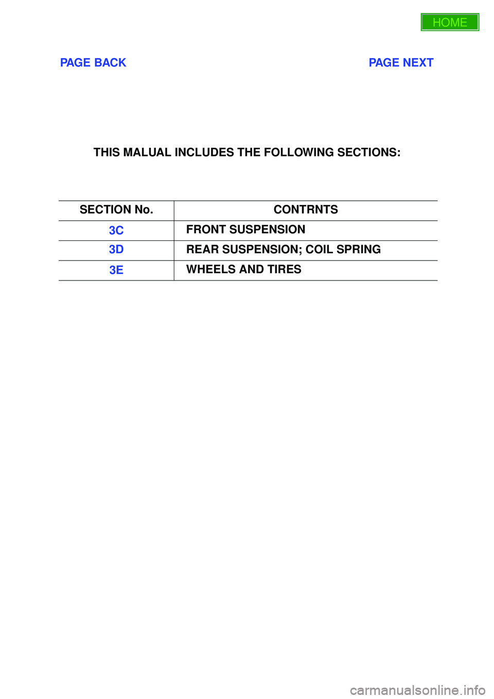 ISUZU TROOPER 1998  Service Manual PDF PAGE BACK                                                                           PAGE NEXT
THIS MALUAL INCLUDES THE FOLLOWING SECTIONS:
SECTION No. CONTRNTS
3C FRONT SUSPENSION
3D REAR SUSPENSION; 