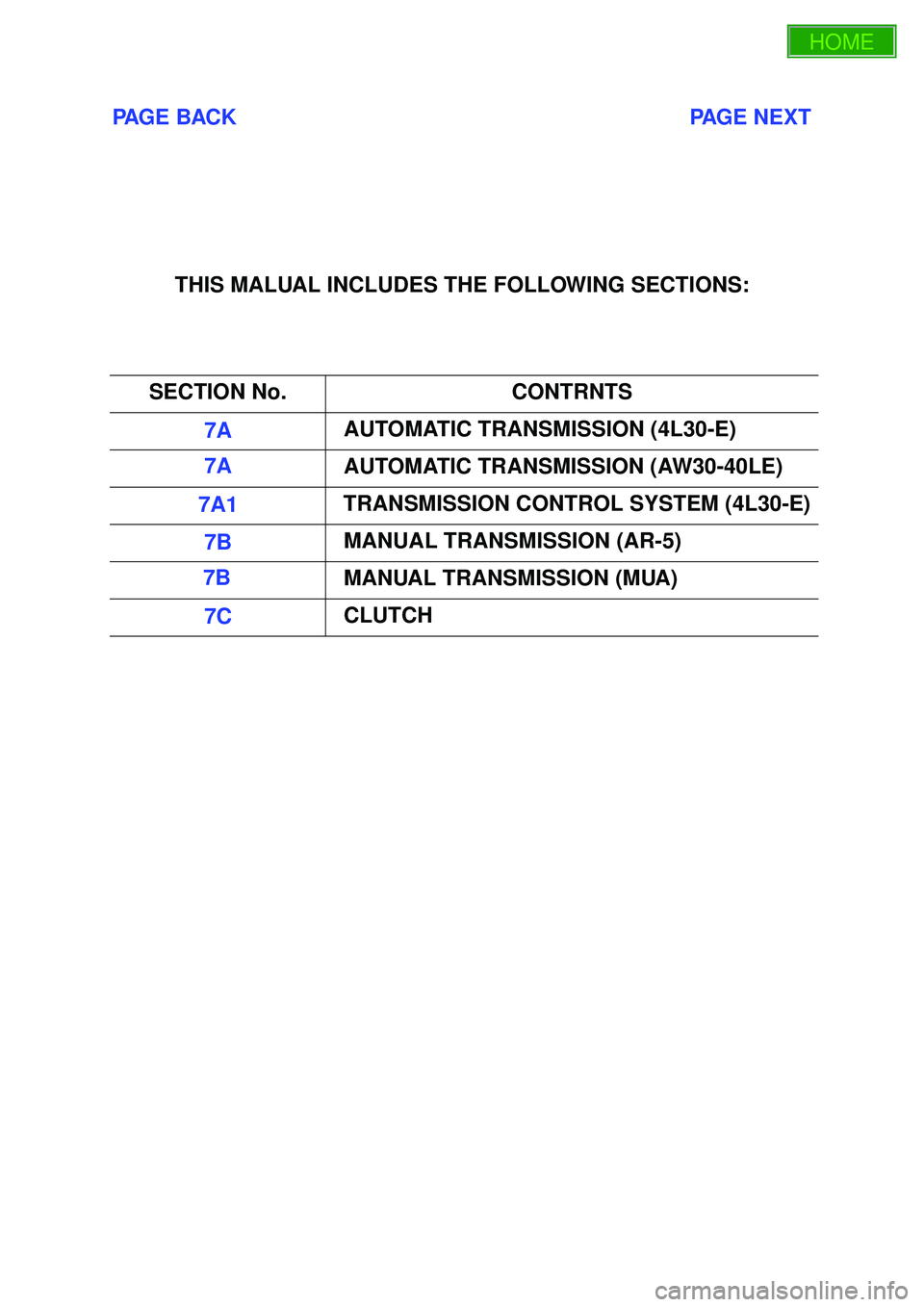 ISUZU TROOPER 1998 Service Repair Manual PAGE BACK PAGE NEXT
THIS MALUAL INCLUDES THE FOLLOWING SECTIONS:
SECTION No. CONTRNTS
7A AUTOMATIC TRANSMISSION (4L30-E)
7A AU ISUZU TROOPER 1998 Service Repair Manual PAGE BACK PAGE NEXT
THIS MALUAL INCLUDES THE FOLLOWING SECTIONS:
SECTION No. CONTRNTS
7A AUTOMATIC TRANSMISSION (4L30-E)
7A AU