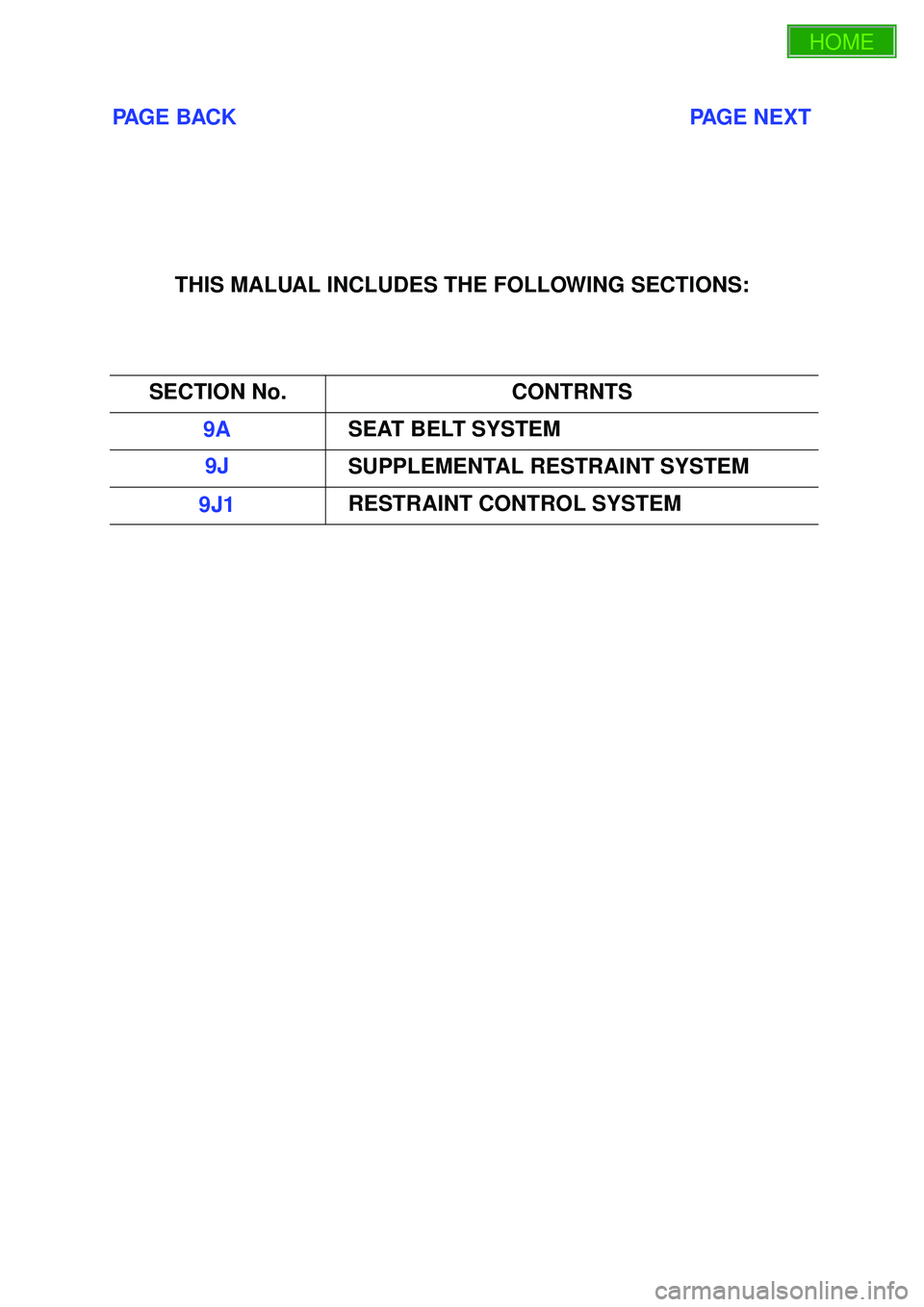 ISUZU TROOPER 1998 Service Repair Manual PAGE BACK PAGE NEXT
THIS MALUAL INCLUDES THE FOLLOWING SECTIONS:
SECTION No. CONTRNTS
9A SEAT BELT SYSTEM
9J SUPPLEMENTAL REST ISUZU TROOPER 1998 Service Repair Manual PAGE BACK PAGE NEXT
THIS MALUAL INCLUDES THE FOLLOWING SECTIONS:
SECTION No. CONTRNTS
9A SEAT BELT SYSTEM
9J SUPPLEMENTAL REST