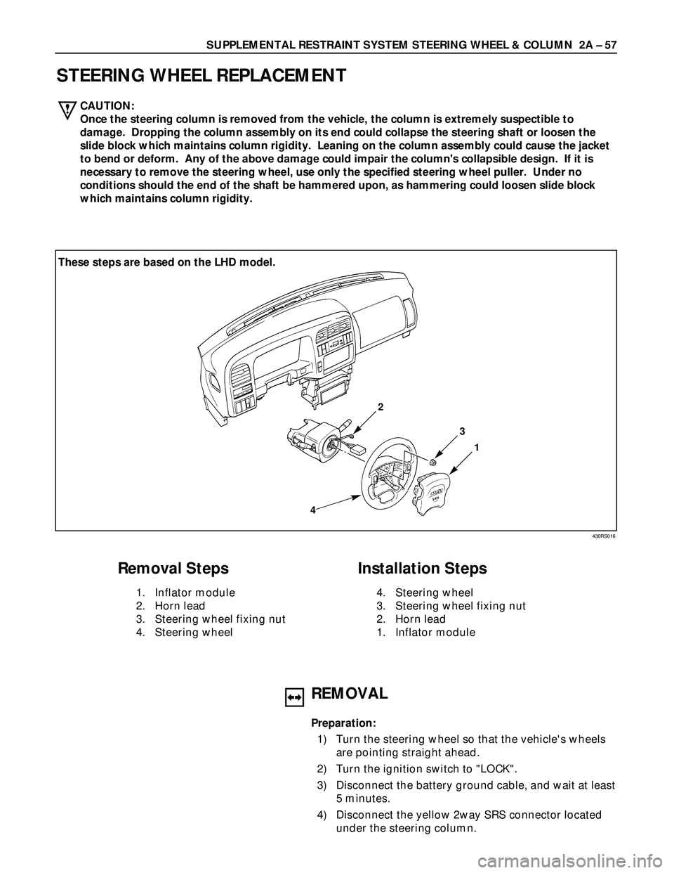 ISUZU TROOPER 1998  Service Repair Manual SUPPLEMENTAL RESTRAINT SYSTEM STEERING WHEEL & COLUMN  2A – 57
STEERING WHEEL REPLACEMENT
1
3
2
4
Removal Steps
1. Inflator module
2. Horn lead
3. Steering wheel fixing nut
4. Steering wheel
Install