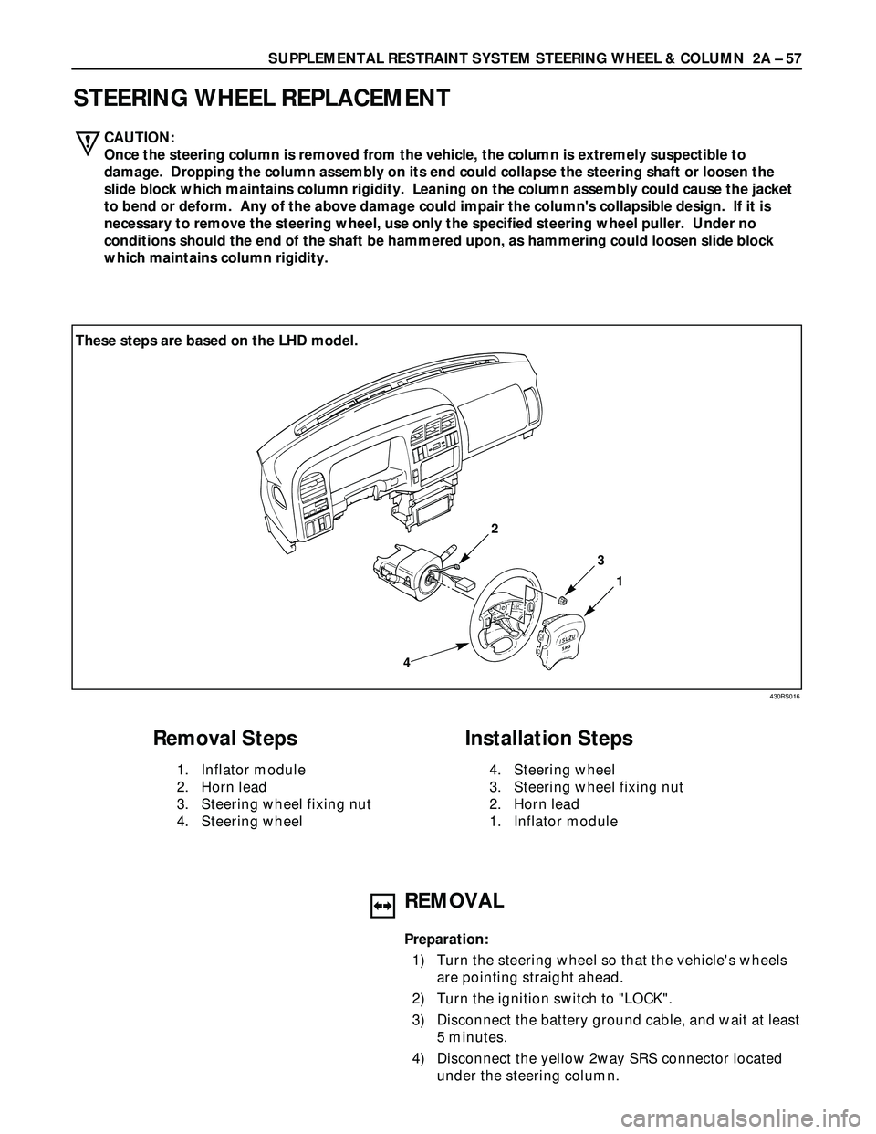 ISUZU TROOPER 1998  Service Repair Manual SUPPLEMENTAL RESTRAINT SYSTEM STEERING WHEEL & COLUMN  2A – 57
STEERING WHEEL REPLACEMENT
1
3
2
4
Removal Steps
1. Inflator module
2. Horn lead
3. Steering wheel fixing nut
4. Steering wheel
Install