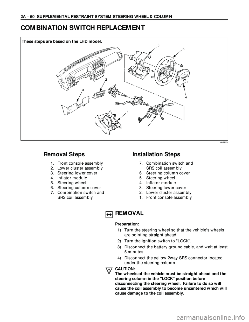 ISUZU TROOPER 1998  Service Repair Manual 2A – 60 SUPPLEMENTAL RESTRAINT SYSTEM STEERING WHEEL & COLUMN
COMBINATION SWITCH REPLACEMENT
32
1
74 5 6
Removal Steps
1. Front console assembly
2. Lower cluster assembly
3. Steering lower cover
4. 