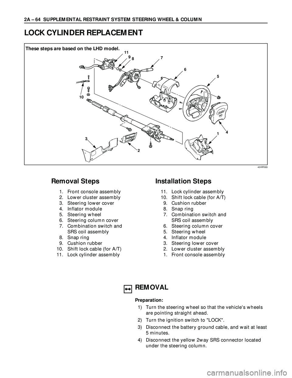 ISUZU TROOPER 1998  Service Repair Manual 2A – 64 SUPPLEMENTAL RESTRAINT SYSTEM STEERING WHEEL & COLUMN
LOCK CYLINDER REPLACEMENT
1
5
4
6
78911
10
3
2
Removal Steps
1. Front console assembly
2. Lower cluster assembly
3. Steering lower cover