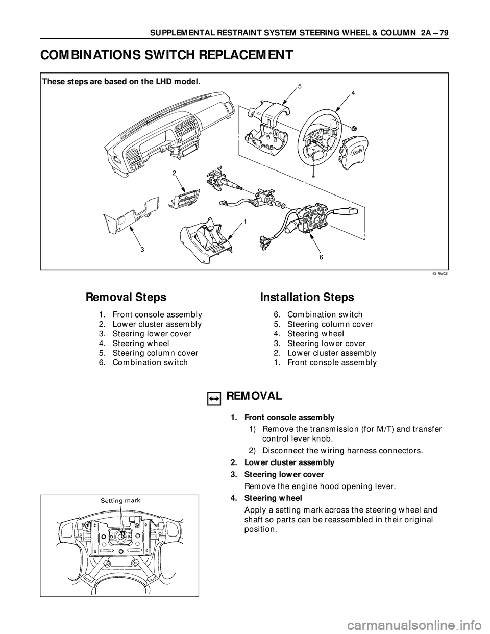 ISUZU TROOPER 1998 Service Repair Manual SUPPLEMENTAL RESTRAINT SYSTEM STEERING WHEEL & COLUMN 2A – 79
4
1 2
6
3
5 These steps are based on the LHD model.
Removal Steps
1. Front console assembly
2. Lower cluster assembly
3. Steering lower ISUZU TROOPER 1998 Service Repair Manual SUPPLEMENTAL RESTRAINT SYSTEM STEERING WHEEL & COLUMN 2A – 79
4
1 2
6
3
5 These steps are based on the LHD model.
Removal Steps
1. Front console assembly
2. Lower cluster assembly
3. Steering lower