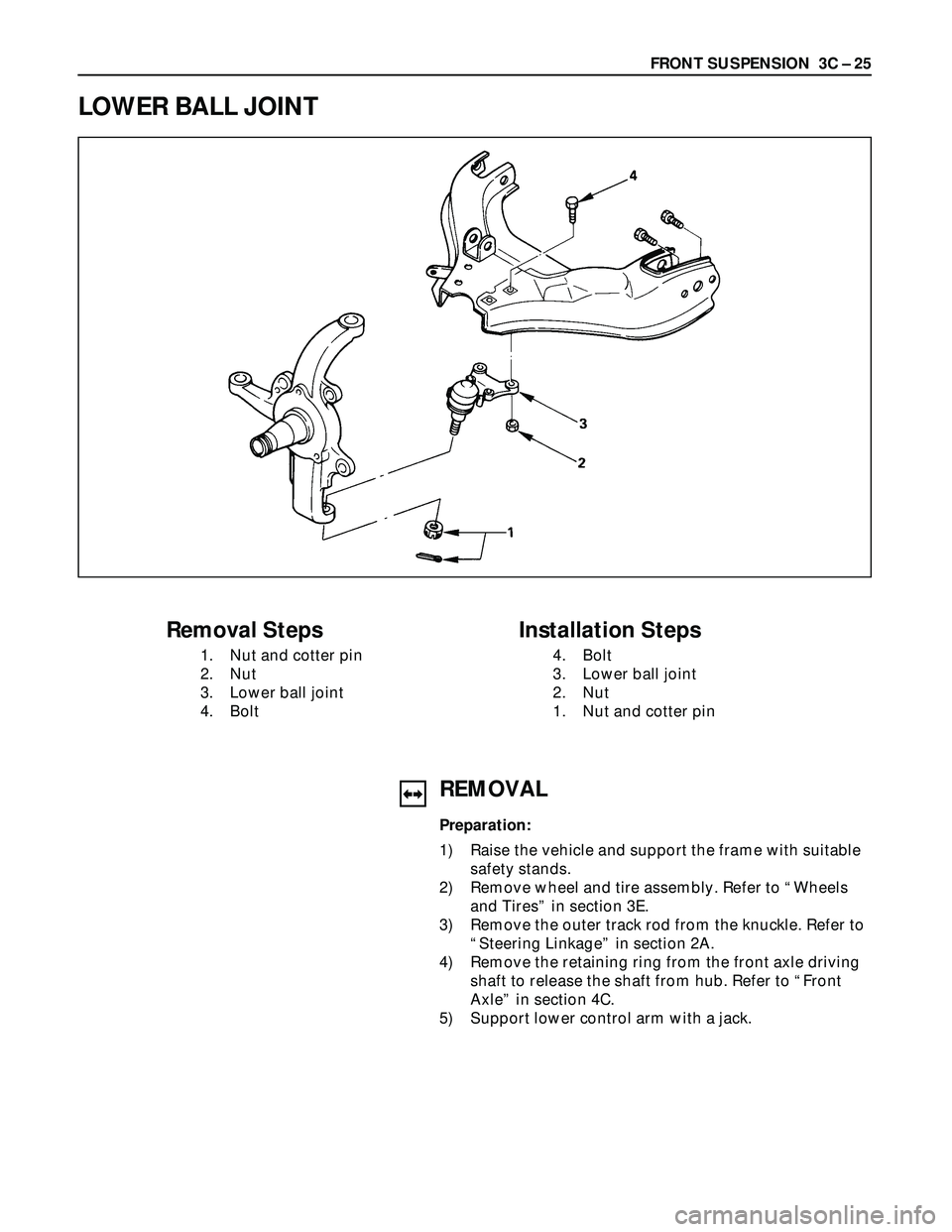 ISUZU TROOPER 1998  Service User Guide FRONT SUSPENSION  3C – 25
LOWER BALL JOINT
Removal Steps
1. Nut and cotter pin
2. Nut
3. Lower ball joint
4. Bolt
Installation Steps
4. Bolt
3. Lower ball joint
2. Nut
1. Nut and cotter pin
REMOVAL
