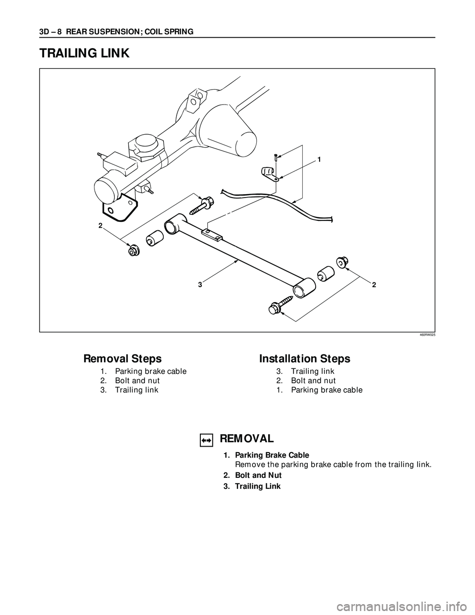 ISUZU TROOPER 1998  Service Repair Manual 3D – 8 REAR SUSPENSION; COIL SPRING
TRAILING LINK
2
3
2 1
Removal Steps
1. Parking brake cable
2. Bolt and nut
3. Trailing link
Installation Steps
3. Trailing link
2. Bolt and nut
1. Parking brake c