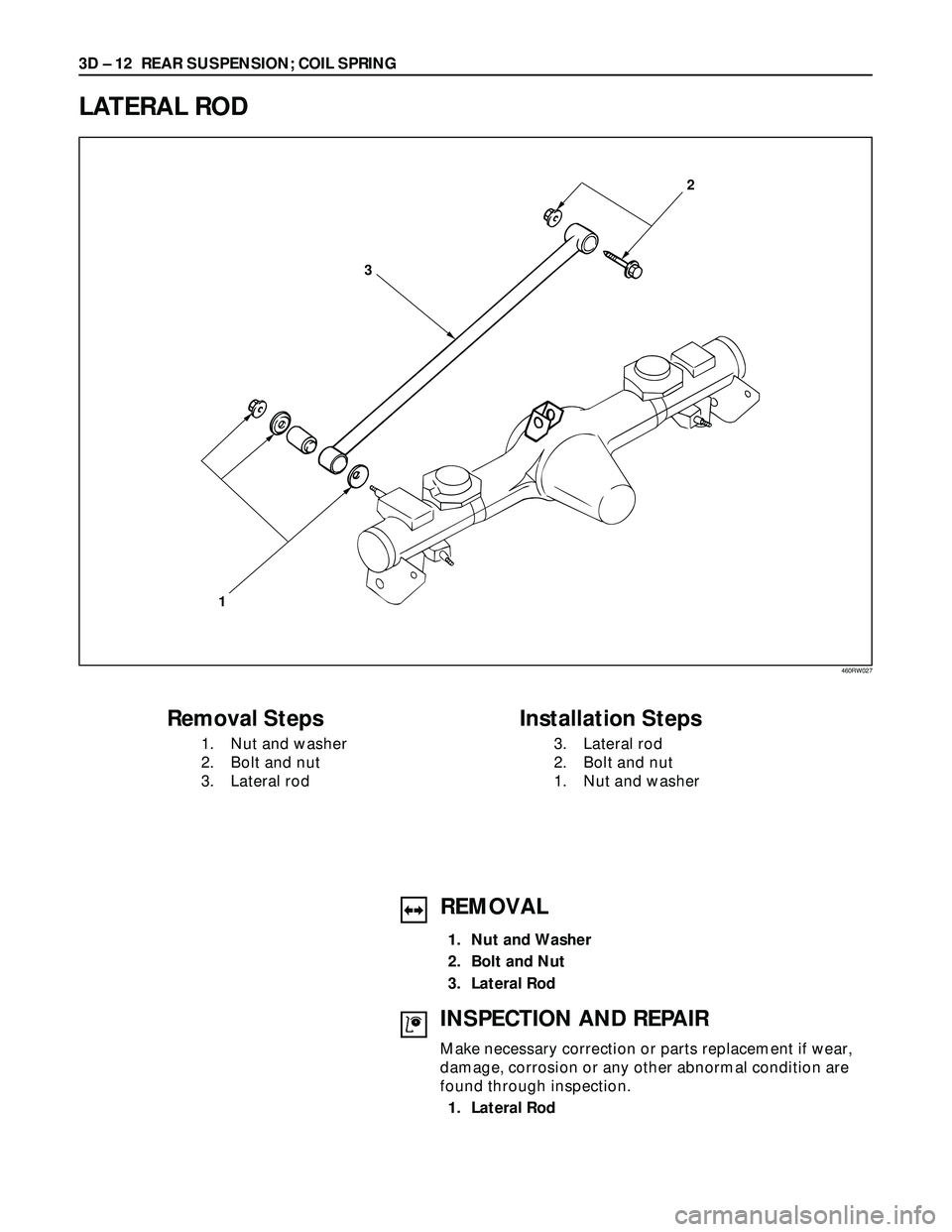 ISUZU TROOPER 1998  Service Repair Manual 3D – 12 REAR SUSPENSION; COIL SPRING
LATERAL ROD
132
Removal Steps
1. Nut and washer
2. Bolt and nut
3. Lateral rod
Installation Steps
3. Lateral rod
2. Bolt and nut
1. Nut and washer
REMOVAL
1. Nut
