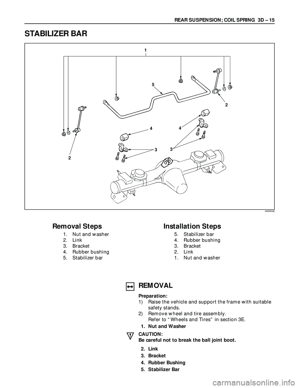 ISUZU TROOPER 1998  Service Owners Manual REAR SUSPENSION; COIL SPRING  3D – 15
STABILIZER BAR
1
5
2
44
33
2
Removal Steps
1. Nut and washer
2. Link
3. Bracket
4. Rubber bushing
5. Stabilizer bar
Installation Steps
5. Stabilizer bar
4. Rubb