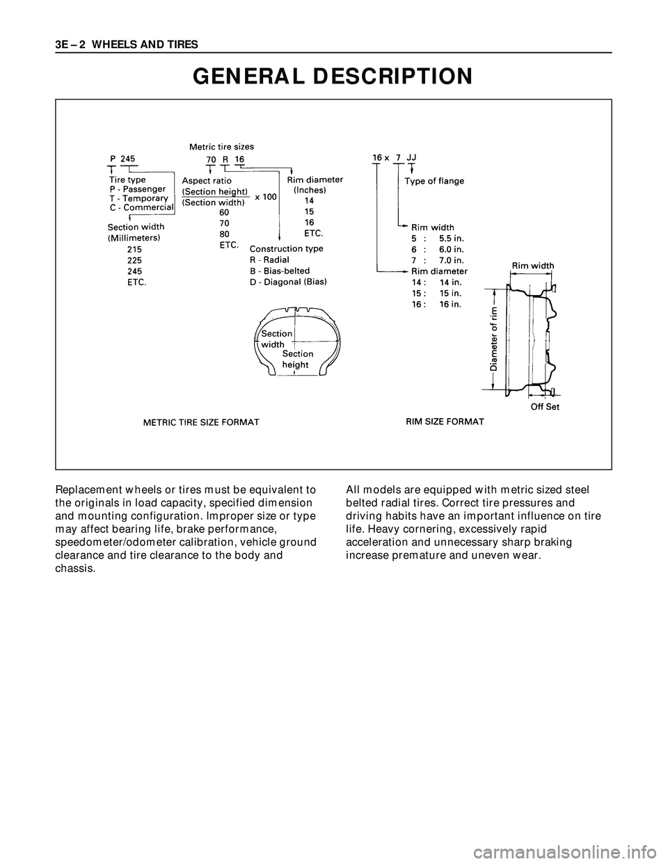 ISUZU TROOPER 1998 Service Repair Manual 3E – 2 WHEELS AND TIRES
GENERAL DESCRIPTION
Replacement wheels or tires must be equivalent to
the originals in load capacity, specified dimension
and mounting configuration. Improper size or type
ma ISUZU TROOPER 1998 Service Repair Manual 3E – 2 WHEELS AND TIRES
GENERAL DESCRIPTION
Replacement wheels or tires must be equivalent to
the originals in load capacity, specified dimension
and mounting configuration. Improper size or type
ma