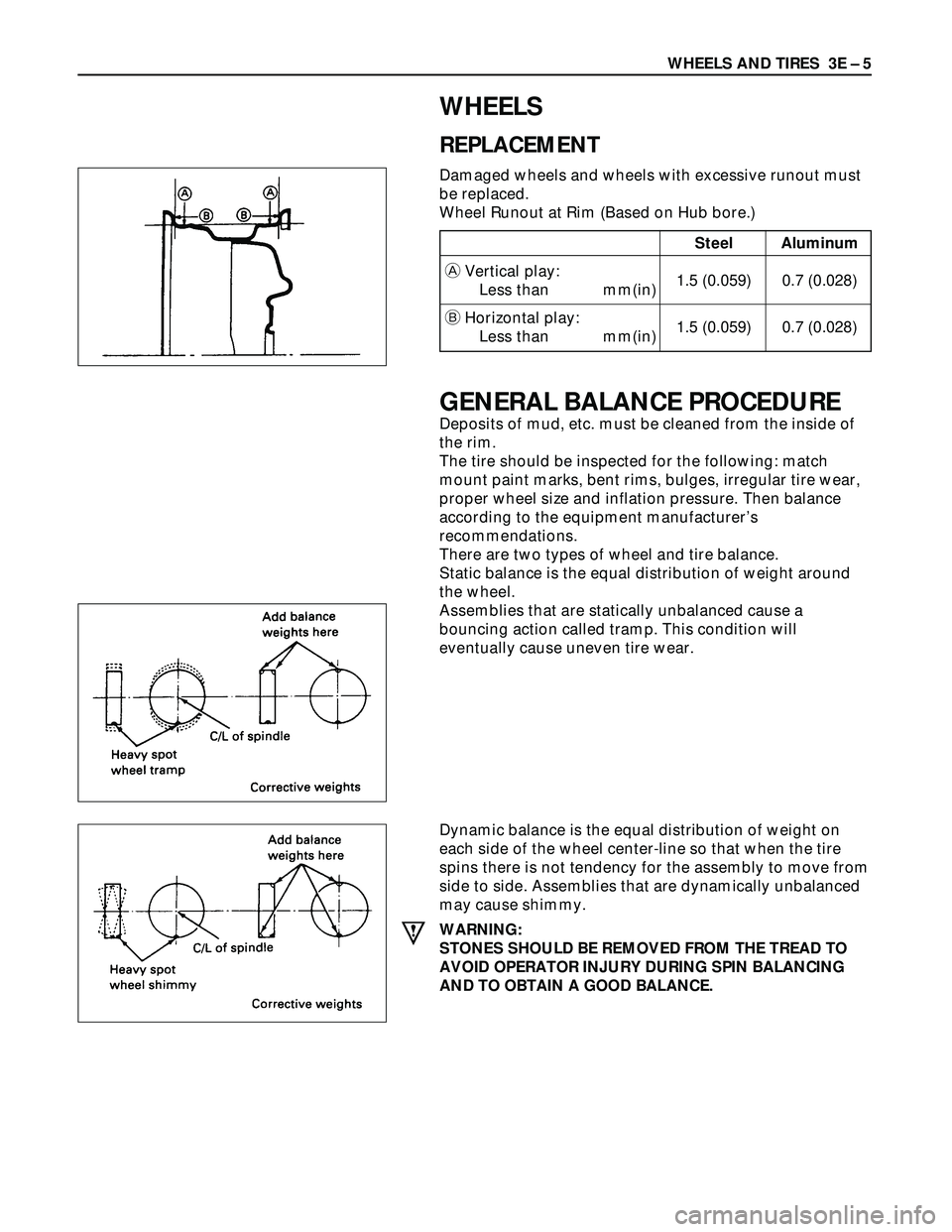 ISUZU TROOPER 1998  Service Owners Manual WHEELS AND TIRES  3E – 5
WHEELS
REPLACEMENT
Damaged wheels and wheels with excessive runout must
be replaced.
Wheel Runout at Rim (Based on Hub bore.)
GENERAL BALANCE PROCEDURE
Deposits of mud, etc.