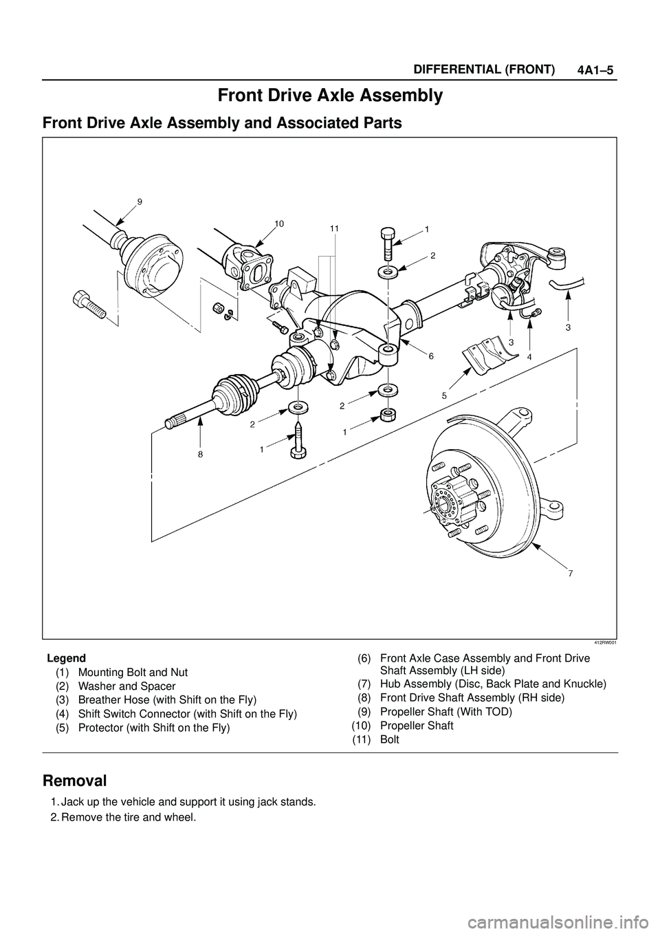 ISUZU TROOPER 1998 Service Repair Manual 4A1±5 DIFFERENTIAL (FRONT)
Front Drive Axle Assembly
Front Drive Axle Assembly and Associated Parts
412RW001
Legend
(1) Mounting Bolt and Nut
(2) Washer and Spacer
(3) Breather Hose (with Shift on th ISUZU TROOPER 1998 Service Repair Manual 4A1±5 DIFFERENTIAL (FRONT)
Front Drive Axle Assembly
Front Drive Axle Assembly and Associated Parts
412RW001
Legend
(1) Mounting Bolt and Nut
(2) Washer and Spacer
(3) Breather Hose (with Shift on th