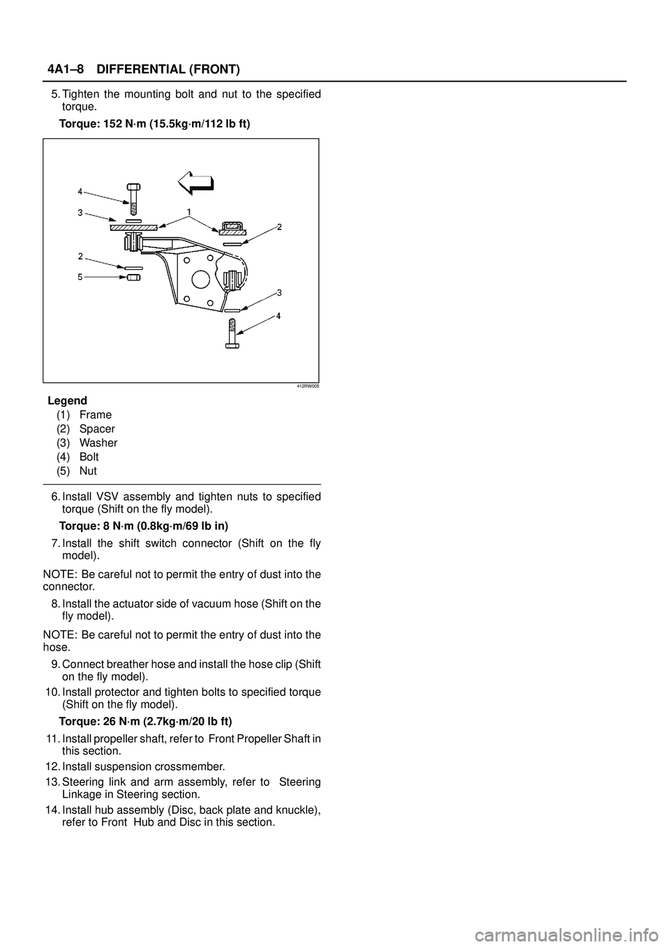 ISUZU TROOPER 1998 Service Repair Manual DIFFERENTIAL (FRONT) 4A1±8
5. Tighten the mounting bolt and nut to the specified
torque.
Torque: 152 N´m (15.5kg´m/112 lb ft)
412RW005
Legend
(1) Frame
(2) Spacer
(3) Washer
(4) Bolt
(5) Nut
6. Ins ISUZU TROOPER 1998 Service Repair Manual DIFFERENTIAL (FRONT) 4A1±8
5. Tighten the mounting bolt and nut to the specified
torque.
Torque: 152 N´m (15.5kg´m/112 lb ft)
412RW005
Legend
(1) Frame
(2) Spacer
(3) Washer
(4) Bolt
(5) Nut
6. Ins
