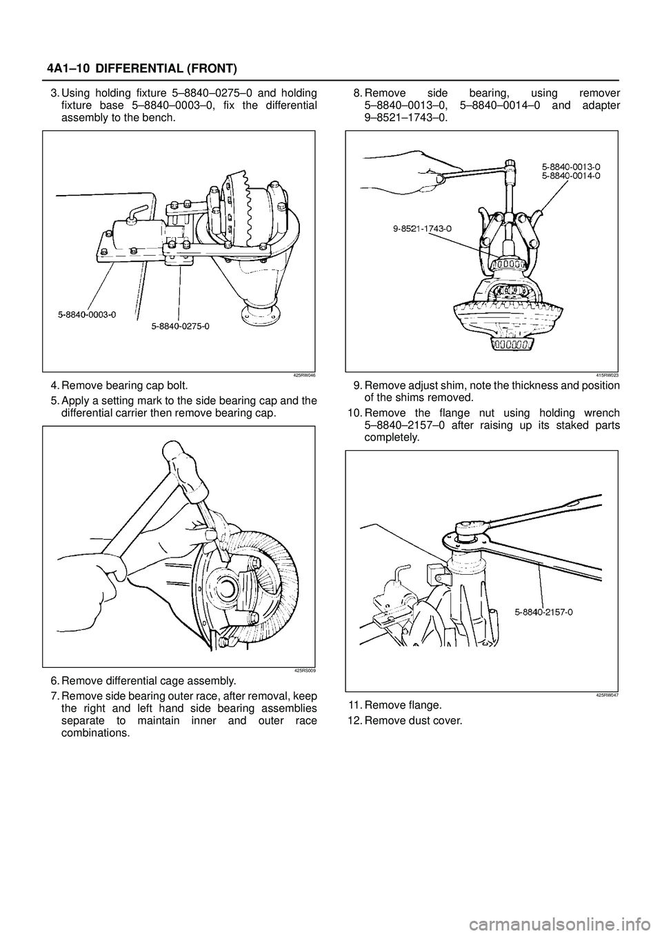ISUZU TROOPER 1998 Service Repair Manual DIFFERENTIAL (FRONT) 4A1±10
3. Using holding fixture 5±8840±0275±0 and holding
fixture base 5±8840±0003±0, fix the differential
assembly to the bench.
425RW046
4. Remove bearing cap bolt.
5. Ap ISUZU TROOPER 1998 Service Repair Manual DIFFERENTIAL (FRONT) 4A1±10
3. Using holding fixture 5±8840±0275±0 and holding
fixture base 5±8840±0003±0, fix the differential
assembly to the bench.
425RW046
4. Remove bearing cap bolt.
5. Ap