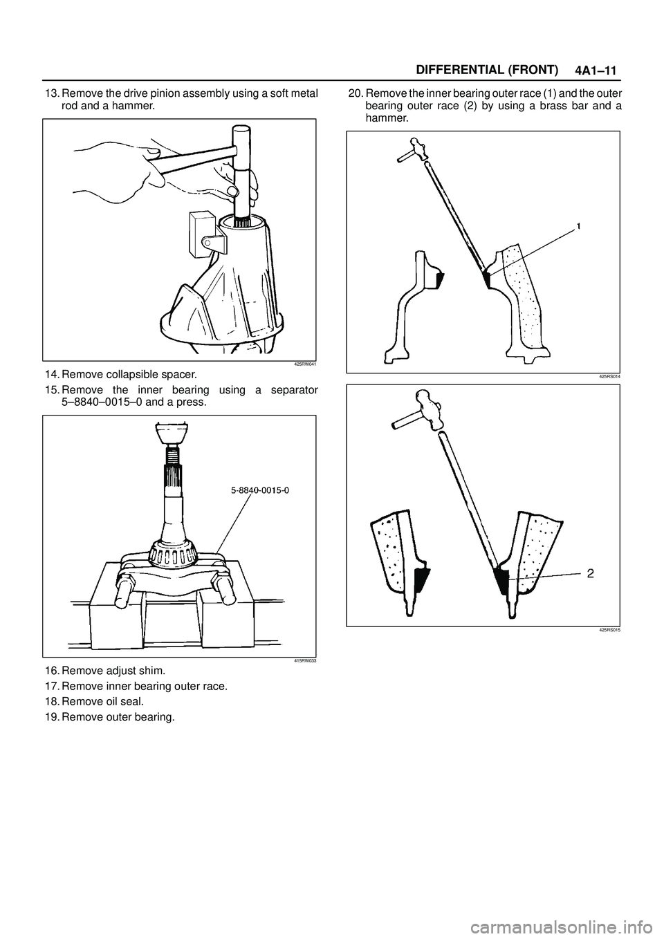ISUZU TROOPER 1998 Service Repair Manual 4A1±11 DIFFERENTIAL (FRONT)
13. Remove the drive pinion assembly using a soft metal
rod and a hammer.
425RW041
14. Remove collapsible spacer.
15. Remove the inner bearing using a separator
5±8840±0 ISUZU TROOPER 1998 Service Repair Manual 4A1±11 DIFFERENTIAL (FRONT)
13. Remove the drive pinion assembly using a soft metal
rod and a hammer.
425RW041
14. Remove collapsible spacer.
15. Remove the inner bearing using a separator
5±8840±0
