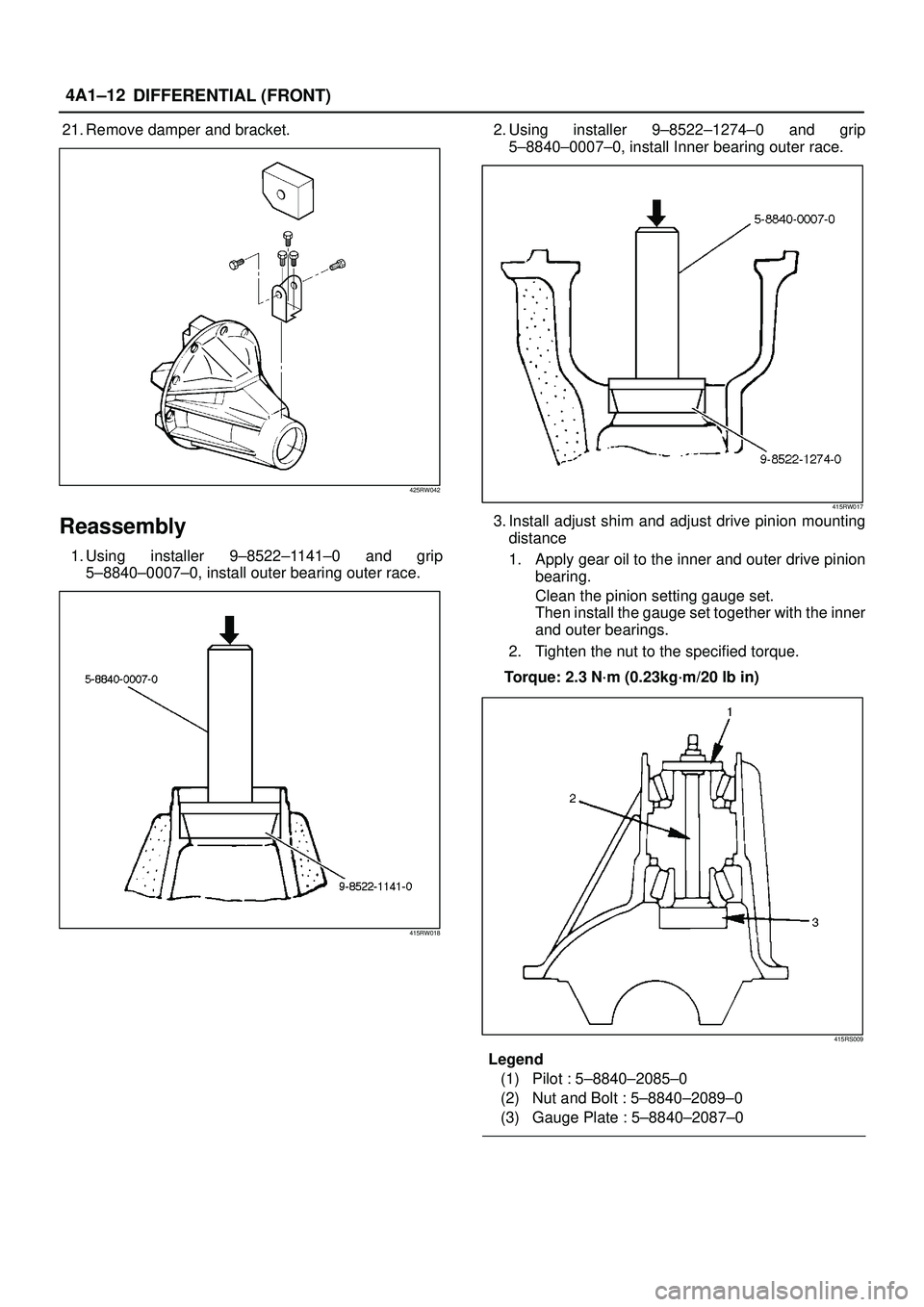 ISUZU TROOPER 1998 Service Repair Manual DIFFERENTIAL (FRONT) 4A1±12
21. Remove damper and bracket.
425RW042
Reassembly
1. Using installer 9±8522±1141±0 and grip
5±8840±0007±0, install outer bearing outer race.
415RW018
2. Using insta ISUZU TROOPER 1998 Service Repair Manual DIFFERENTIAL (FRONT) 4A1±12
21. Remove damper and bracket.
425RW042
Reassembly
1. Using installer 9±8522±1141±0 and grip
5±8840±0007±0, install outer bearing outer race.
415RW018
2. Using insta