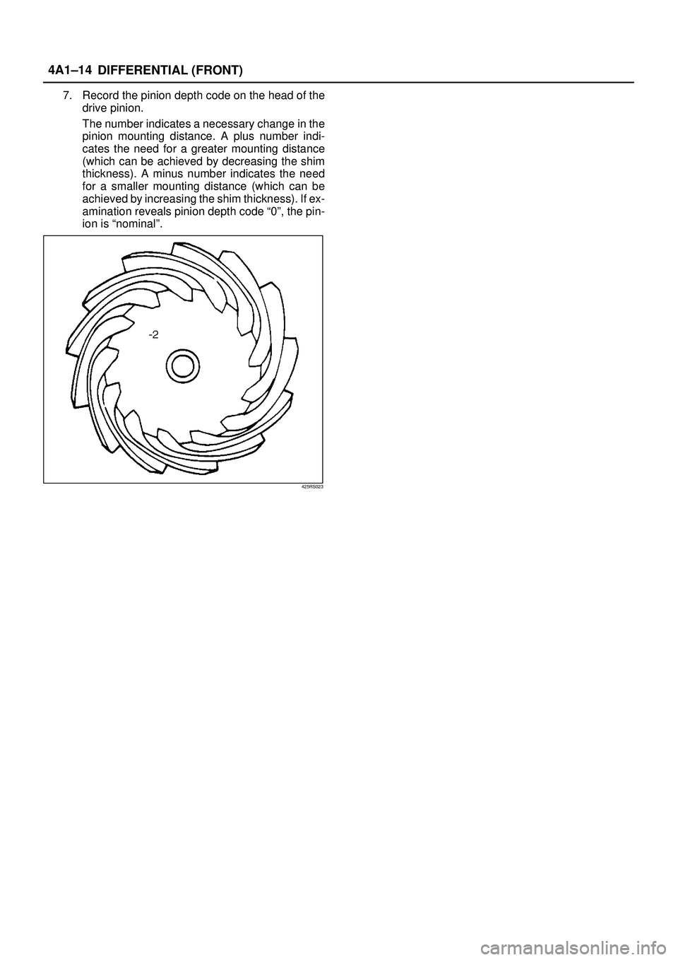ISUZU TROOPER 1998  Service Repair Manual DIFFERENTIAL (FRONT) 4A1±14
7. Record the pinion depth code on the head of the
drive pinion.
The number indicates a necessary change in the
pinion mounting distance. A plus number indi-
cates the nee