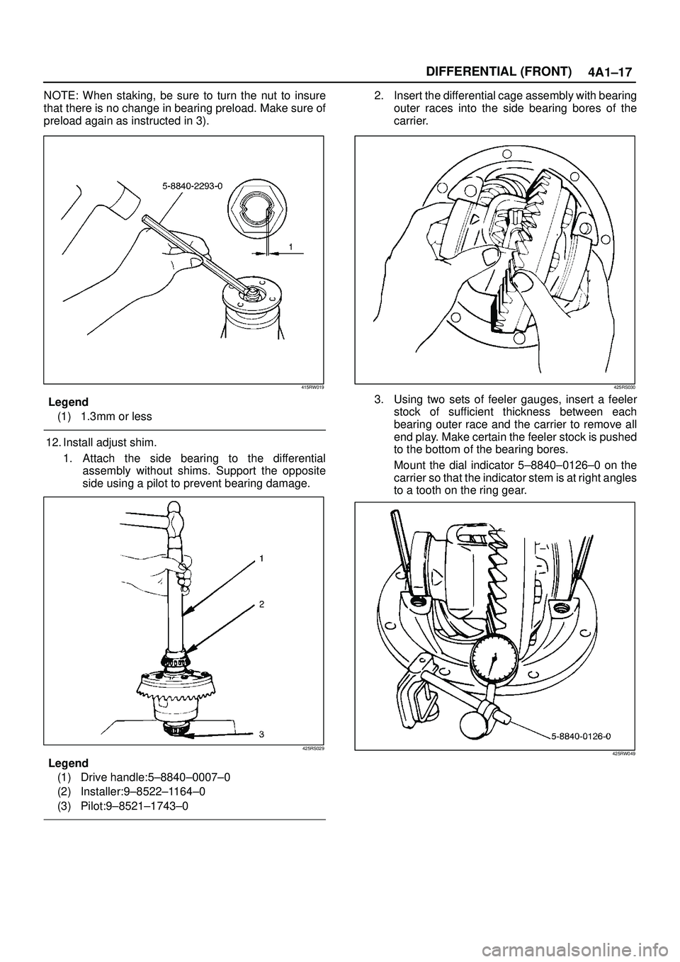 ISUZU TROOPER 1998  Service Repair Manual 4A1±17 DIFFERENTIAL (FRONT)
NOTE: When staking, be sure to turn the nut to insure
that there is no change in bearing preload. Make sure of
preload again as instructed in 3).
415RW019
Legend
(1) 1.3mm