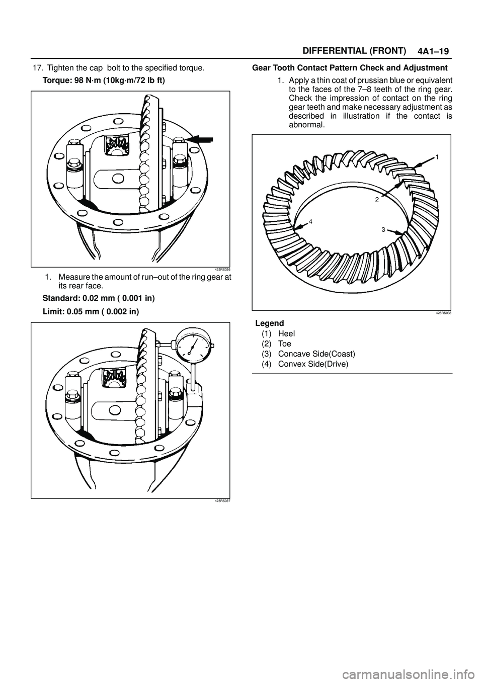 ISUZU TROOPER 1998  Service Repair Manual 4A1±19 DIFFERENTIAL (FRONT)
17.  Tighten the cap  bolt to the specified torque.
Torque: 98 N´m (10kg´m/72 lb ft)
425RS036
1. Measure the amount of run±out of the ring gear at
its rear face.
Standa
