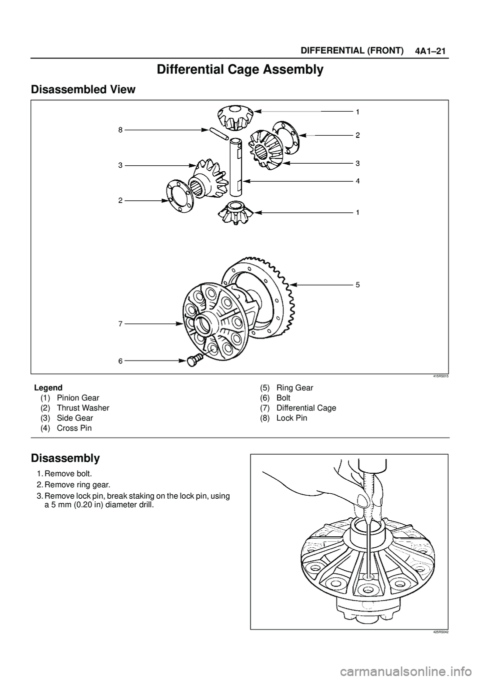 ISUZU TROOPER 1998  Service Repair Manual 4A1±21 DIFFERENTIAL (FRONT)
Differential Cage Assembly
Disassembled View
415RS015
Legend
(1) Pinion Gear
(2) Thrust Washer
(3) Side Gear
(4) Cross Pin(5) Ring Gear
(6) Bolt
(7) Differential Cage
(8) 