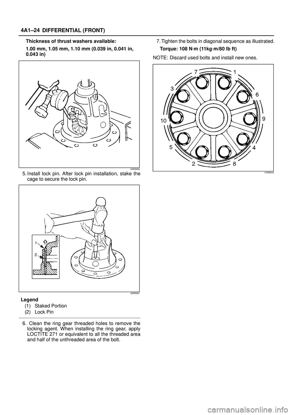 ISUZU TROOPER 1998 Service Repair Manual DIFFERENTIAL (FRONT) 4A1±24
Thickness of thrust washers available:
1.00 mm, 1.05 mm, 1.10 mm (0.039 in, 0.041 in,
0.043 in)
425RS050
5. Install lock pin. After lock pin installation, stake the
cage t ISUZU TROOPER 1998 Service Repair Manual DIFFERENTIAL (FRONT) 4A1±24
Thickness of thrust washers available:
1.00 mm, 1.05 mm, 1.10 mm (0.039 in, 0.041 in,
0.043 in)
425RS050
5. Install lock pin. After lock pin installation, stake the
cage t