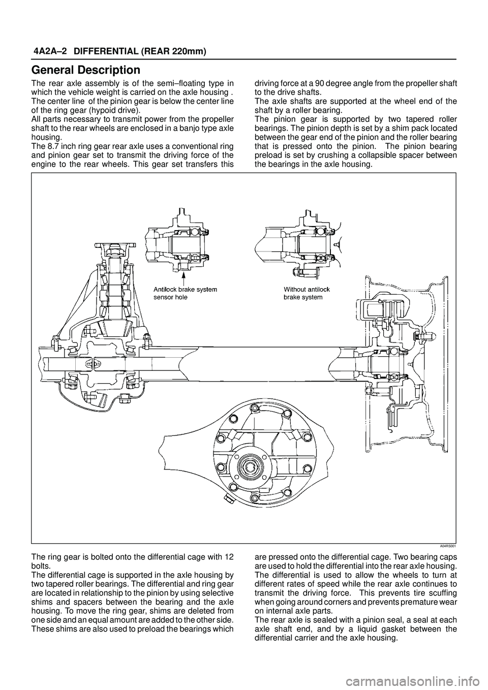ISUZU TROOPER 1998 Service Repair Manual 4A2A±2
DIFFERENTIAL (REAR 220mm)
General Description
The rear axle assembly is of the semi±floating type in
which the vehicle weight is carried on the axle housing .
The center line of the pinion g ISUZU TROOPER 1998 Service Repair Manual 4A2A±2
DIFFERENTIAL (REAR 220mm)
General Description
The rear axle assembly is of the semi±floating type in
which the vehicle weight is carried on the axle housing .
The center line of the pinion g