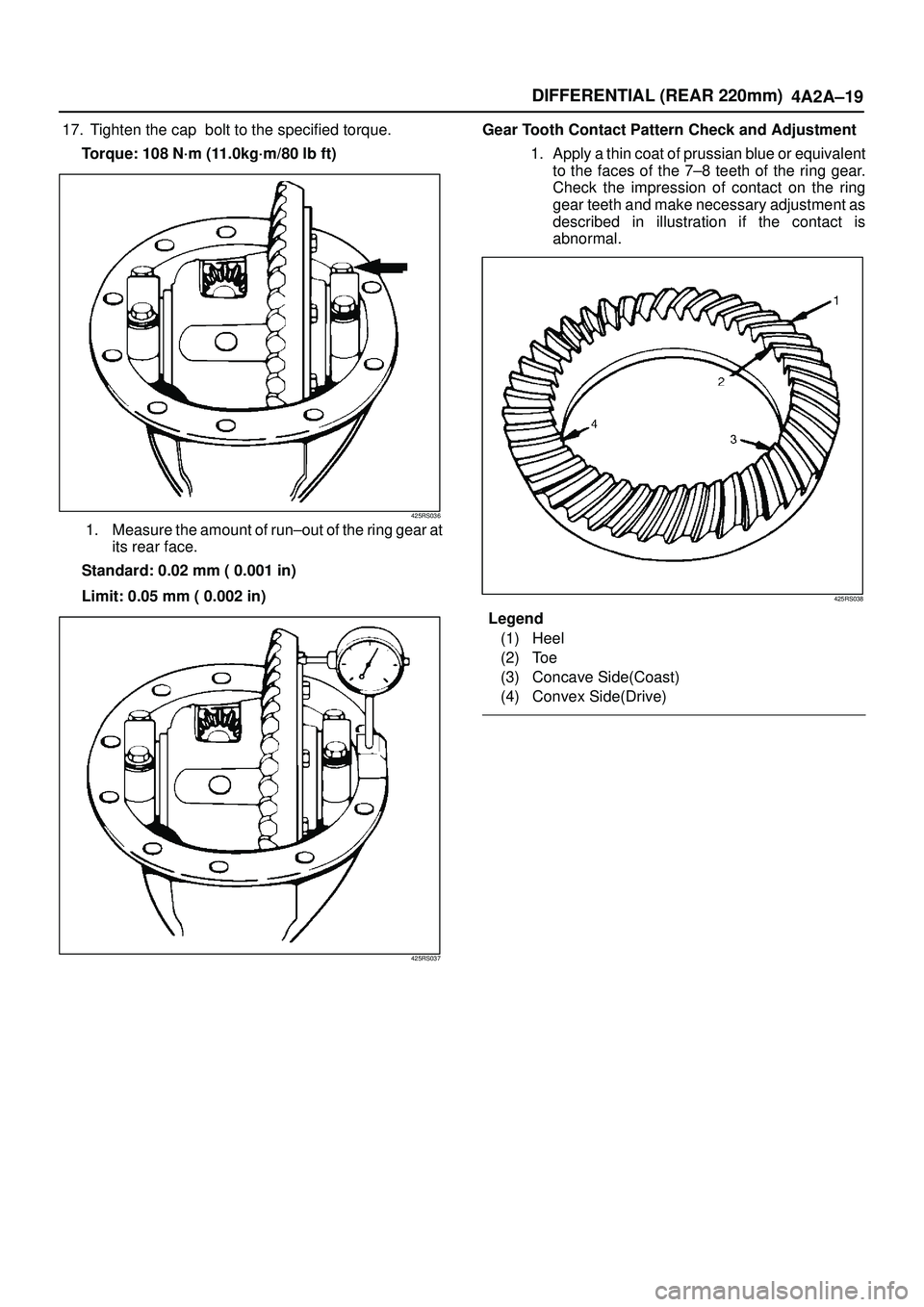 ISUZU TROOPER 1998  Service Repair Manual DIFFERENTIAL (REAR 220mm)
4A2A±19
17.  Tighten the cap  bolt to the specified torque.
Torque: 108 N´m (11.0kg´m/80 lb ft)
425RS036
1. Measure the amount of run±out of the ring gear at
its rear fac