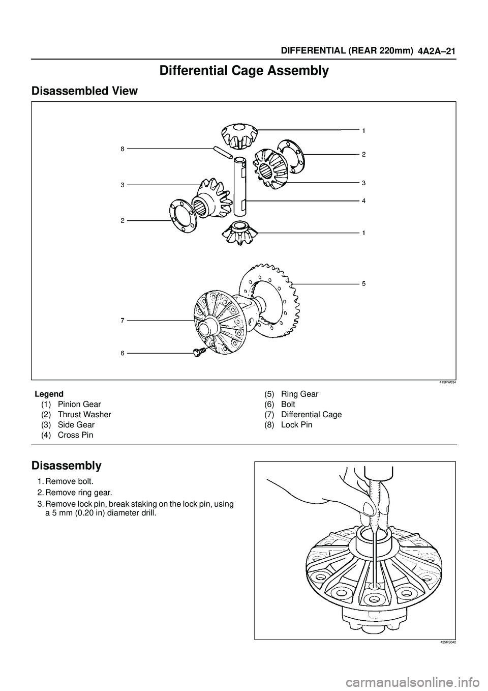 ISUZU TROOPER 1998 Service Repair Manual DIFFERENTIAL (REAR 220mm)
4A2A±21
Differential Cage Assembly
Disassembled View
415RW034
Legend
(1) Pinion Gear
(2) Thrust Washer
(3) Side Gear
(4) Cross Pin(5) Ring Gear
(6) Bolt
(7) Differential Cag ISUZU TROOPER 1998 Service Repair Manual DIFFERENTIAL (REAR 220mm)
4A2A±21
Differential Cage Assembly
Disassembled View
415RW034
Legend
(1) Pinion Gear
(2) Thrust Washer
(3) Side Gear
(4) Cross Pin(5) Ring Gear
(6) Bolt
(7) Differential Cag