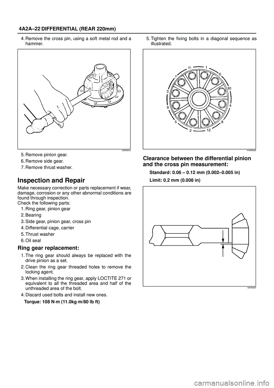 ISUZU TROOPER 1998 Service Repair Manual 4A2A±22
DIFFERENTIAL (REAR 220mm)
4. Remove the cross pin, using a soft metal rod and a
hammer.
425RS043
5. Remove pinion gear.
6. Remove side gear.
7. Remove thrust washer.
Inspection and Repair
Mak ISUZU TROOPER 1998 Service Repair Manual 4A2A±22
DIFFERENTIAL (REAR 220mm)
4. Remove the cross pin, using a soft metal rod and a
hammer.
425RS043
5. Remove pinion gear.
6. Remove side gear.
7. Remove thrust washer.
Inspection and Repair
Mak