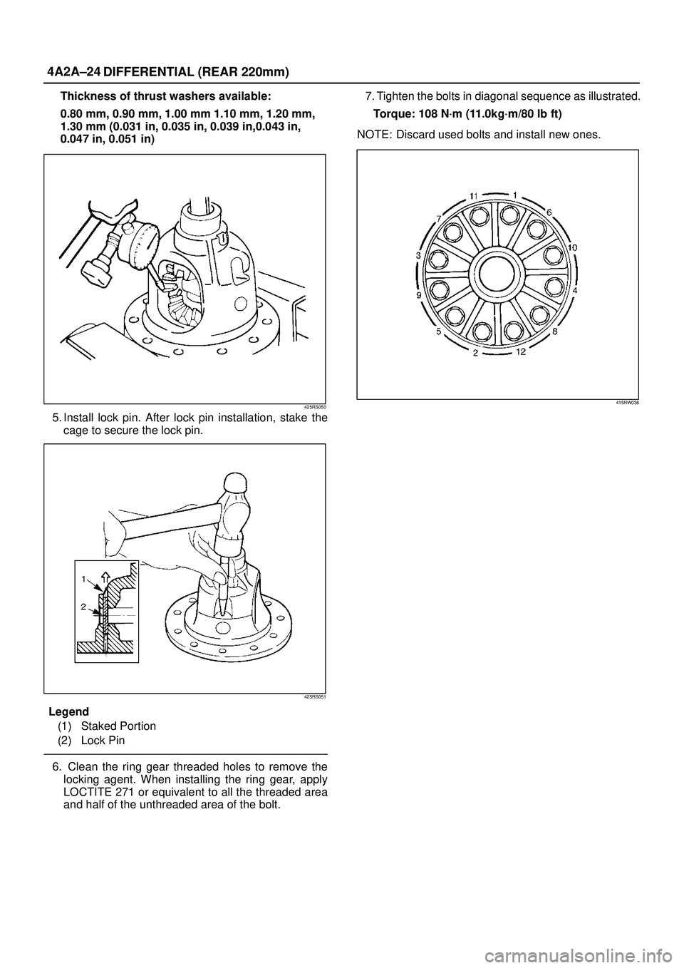 ISUZU TROOPER 1998  Service Repair Manual 4A2A±24
DIFFERENTIAL (REAR 220mm)
Thickness of thrust washers available:
0.80 mm, 0.90 mm, 1.00 mm 1.10 mm, 1.20 mm,
1.30 mm (0.031 in, 0.035 in, 0.039 in,0.043 in,
0.047 in, 0.051 in)
425RS050
5. In