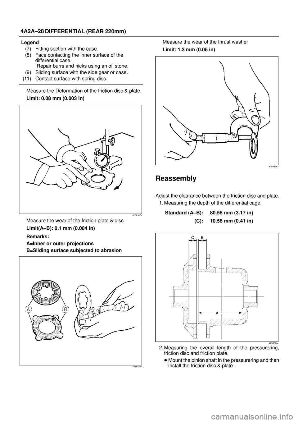 ISUZU TROOPER 1998  Service Repair Manual 4A2A±28
DIFFERENTIAL (REAR 220mm)
Legend
(7) Fitting section with the case.
(8) Face contacting the inner surface of the
differential case.
Repair burrs and nicks using an oil stone.
(9) Sliding surf