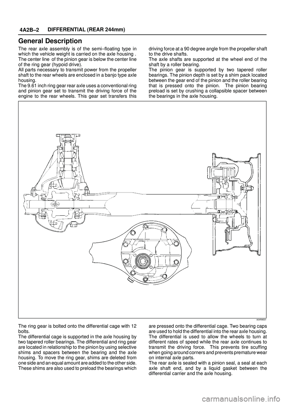 ISUZU TROOPER 1998  Service Repair Manual 4A2B±2DIFFERENTIAL (REAR 244mm)
General Description
The rear axle assembly is of the semi±floating type in
which the vehicle weight is carried on the axle housing .
The center line  of the pinion ge