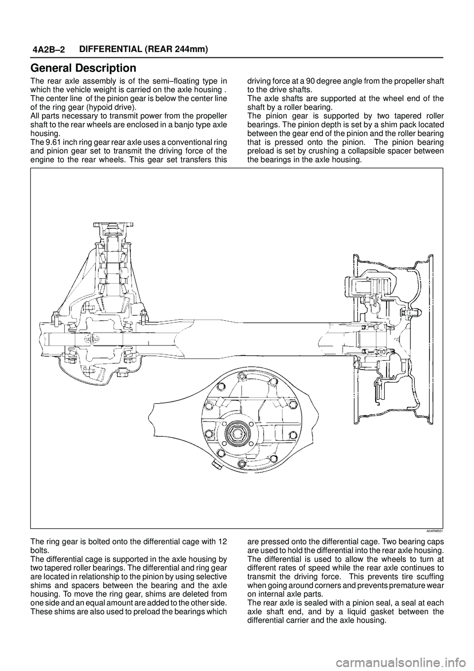 ISUZU TROOPER 1998 Service Repair Manual 4A2B±2DIFFERENTIAL (REAR 244mm)
General Description
The rear axle assembly is of the semi±floating type in
which the vehicle weight is carried on the axle housing .
The center line of the pinion ge ISUZU TROOPER 1998 Service Repair Manual 4A2B±2DIFFERENTIAL (REAR 244mm)
General Description
The rear axle assembly is of the semi±floating type in
which the vehicle weight is carried on the axle housing .
The center line of the pinion ge