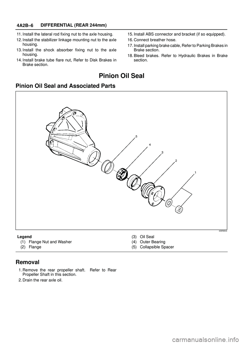 ISUZU TROOPER 1998 Service Repair Manual 4A2B±6DIFFERENTIAL (REAR 244mm)
11. Install the lateral rod fixing nut to the axle housing.
12. Install the stabilizer linkage mounting nut to the axle
housing.
13. Install the shock absorber fixing ISUZU TROOPER 1998 Service Repair Manual 4A2B±6DIFFERENTIAL (REAR 244mm)
11. Install the lateral rod fixing nut to the axle housing.
12. Install the stabilizer linkage mounting nut to the axle
housing.
13. Install the shock absorber fixing