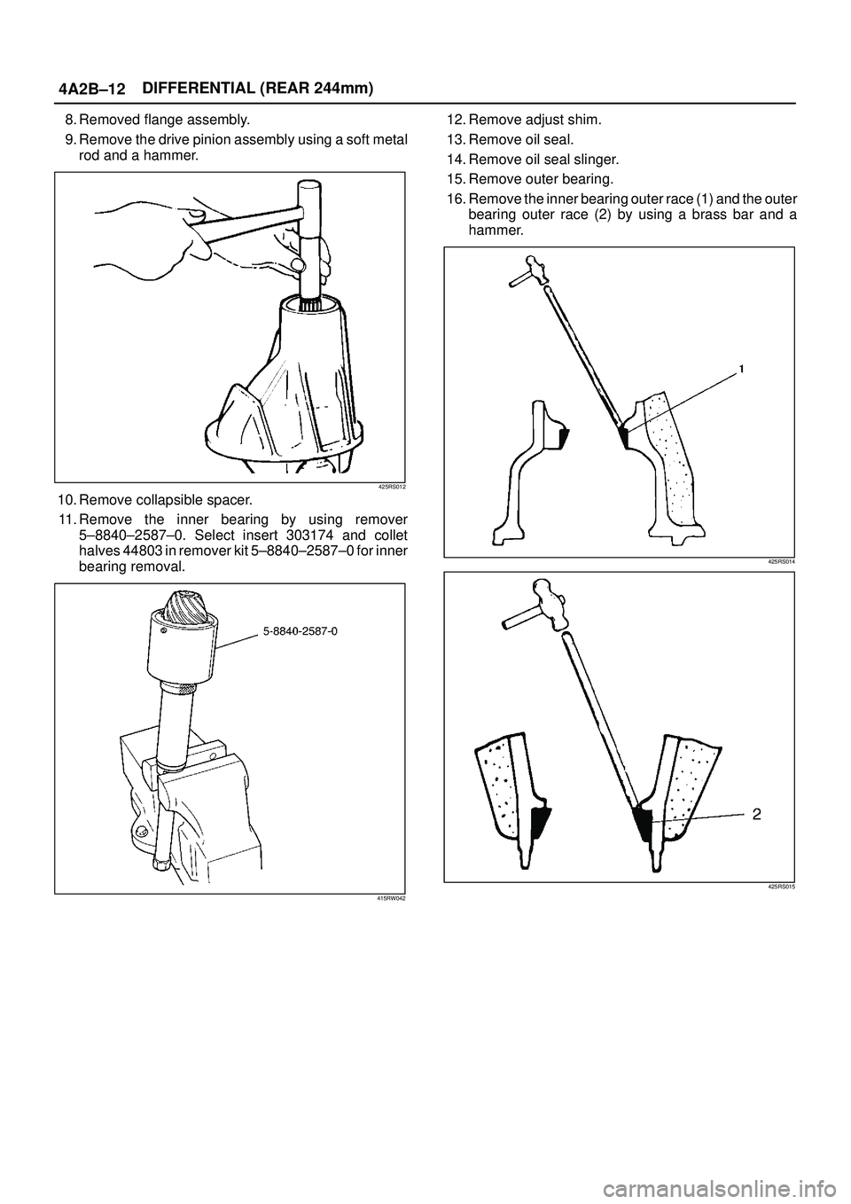 ISUZU TROOPER 1998 Service Repair Manual 4A2B±12DIFFERENTIAL (REAR 244mm)
8. Removed flange assembly.
9. Remove the drive pinion assembly using a soft metal
rod and a hammer.
425RS012
10. Remove collapsible spacer.
11. Remove the inner bear ISUZU TROOPER 1998 Service Repair Manual 4A2B±12DIFFERENTIAL (REAR 244mm)
8. Removed flange assembly.
9. Remove the drive pinion assembly using a soft metal
rod and a hammer.
425RS012
10. Remove collapsible spacer.
11. Remove the inner bear