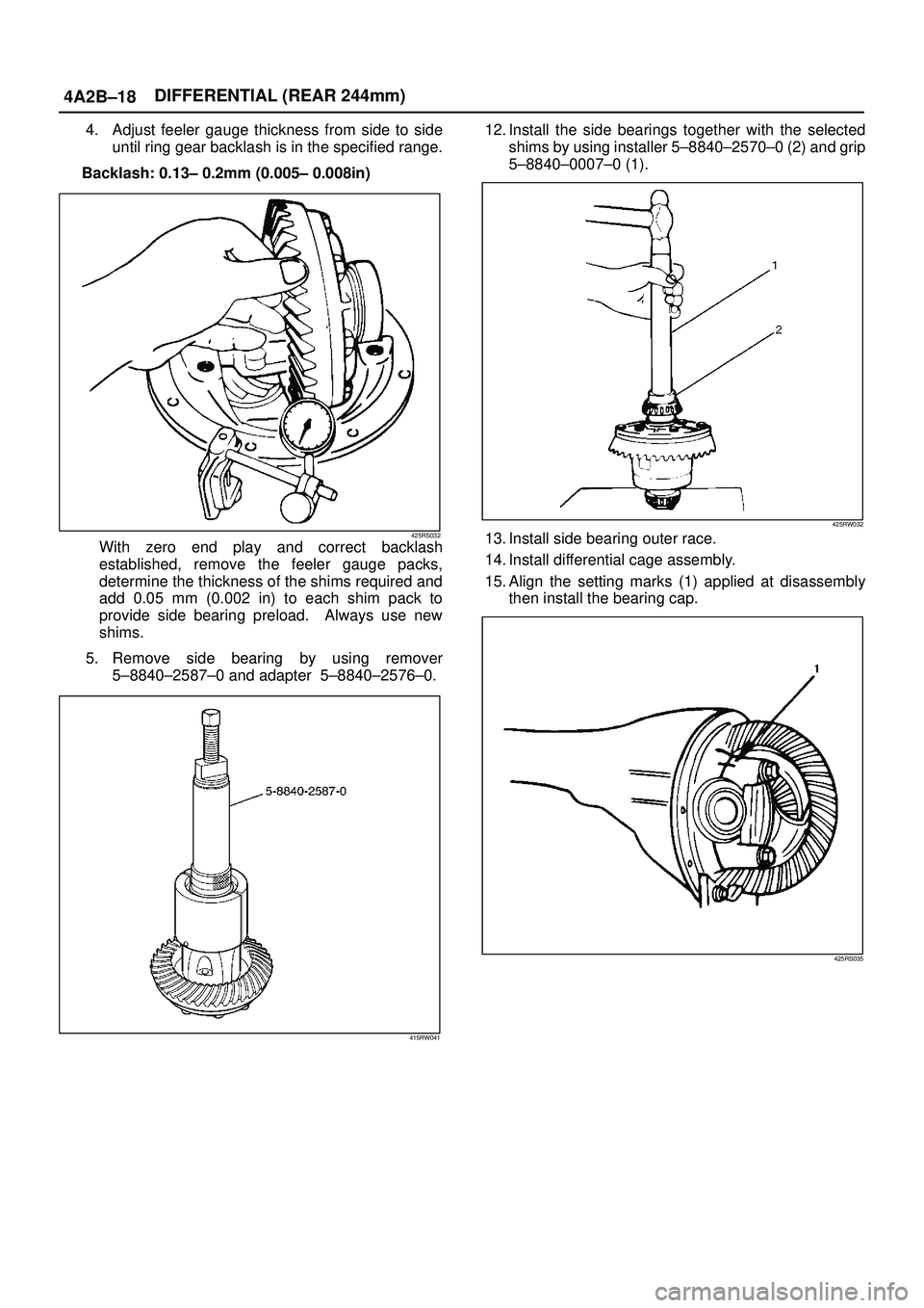 ISUZU TROOPER 1998  Service Repair Manual 4A2B±18DIFFERENTIAL (REAR 244mm)
4. Adjust feeler gauge thickness from side to side
until ring gear backlash is in the specified range.
Backlash: 0.13± 0.2mm (0.005± 0.008in)
425RS032With zero end 