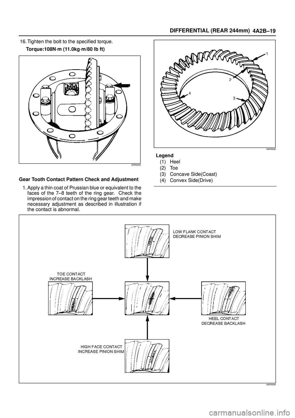 ISUZU TROOPER 1998  Service Repair Manual DIFFERENTIAL (REAR 244mm)
4A2B±19
16. Tighten the bolt to the specified torque.
Torque:108N´m (11.0kg´m/80 lb ft)
425RS036
Gear Tooth Contact Pattern Check and Adjustment
1. Apply a thin coat of Pr