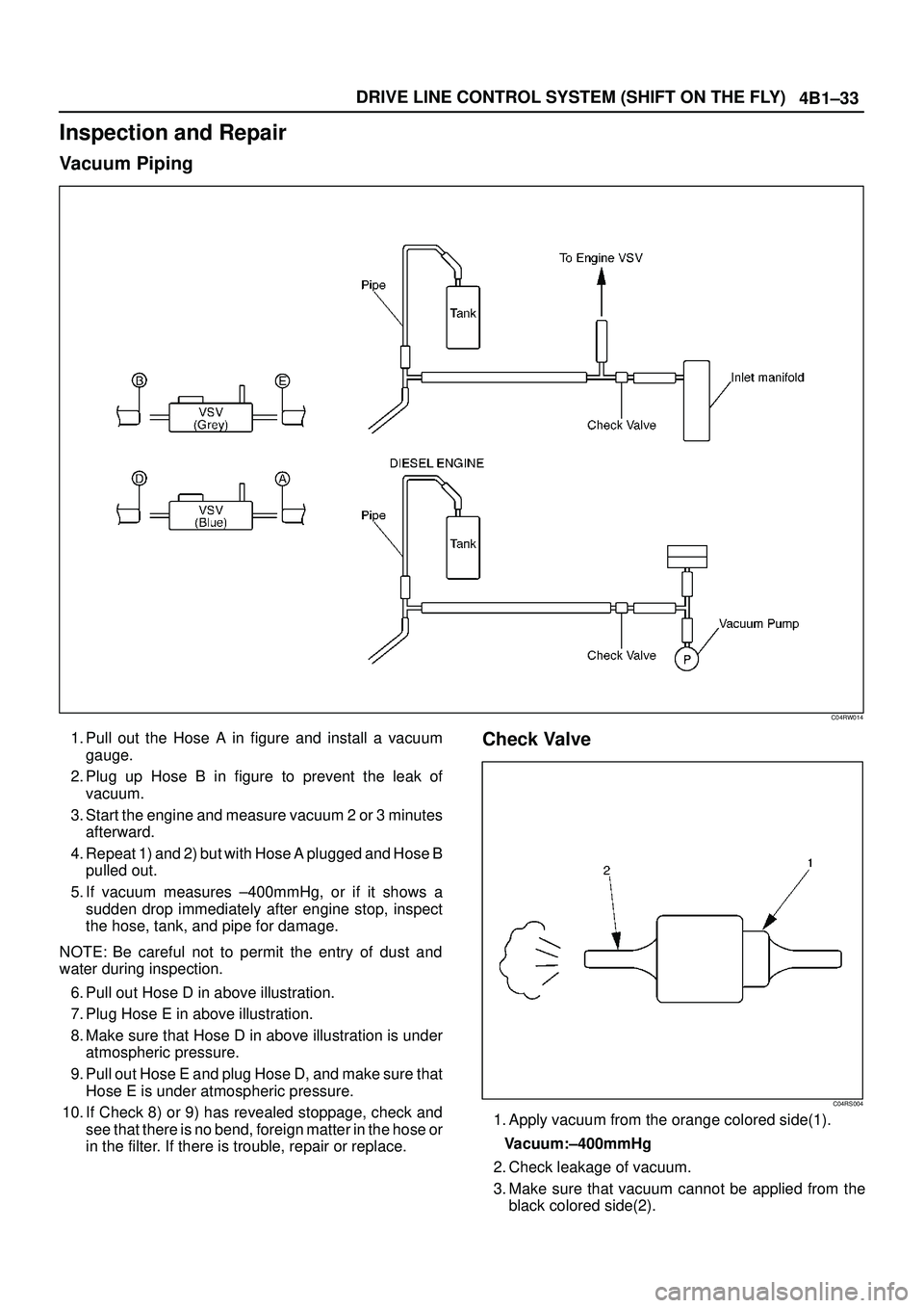 ISUZU TROOPER 1998 Service Owners Guide 4B1±33 DRIVE LINE CONTROL SYSTEM (SHIFT ON THE FLY)
Inspection and Repair
Vacuum Piping
C04RW014
1. Pull out the Hose A in figure and install a vacuum
gauge.
2. Plug up Hose B in figure to prevent th ISUZU TROOPER 1998 Service Owners Guide 4B1±33 DRIVE LINE CONTROL SYSTEM (SHIFT ON THE FLY)
Inspection and Repair
Vacuum Piping
C04RW014
1. Pull out the Hose A in figure and install a vacuum
gauge.
2. Plug up Hose B in figure to prevent th