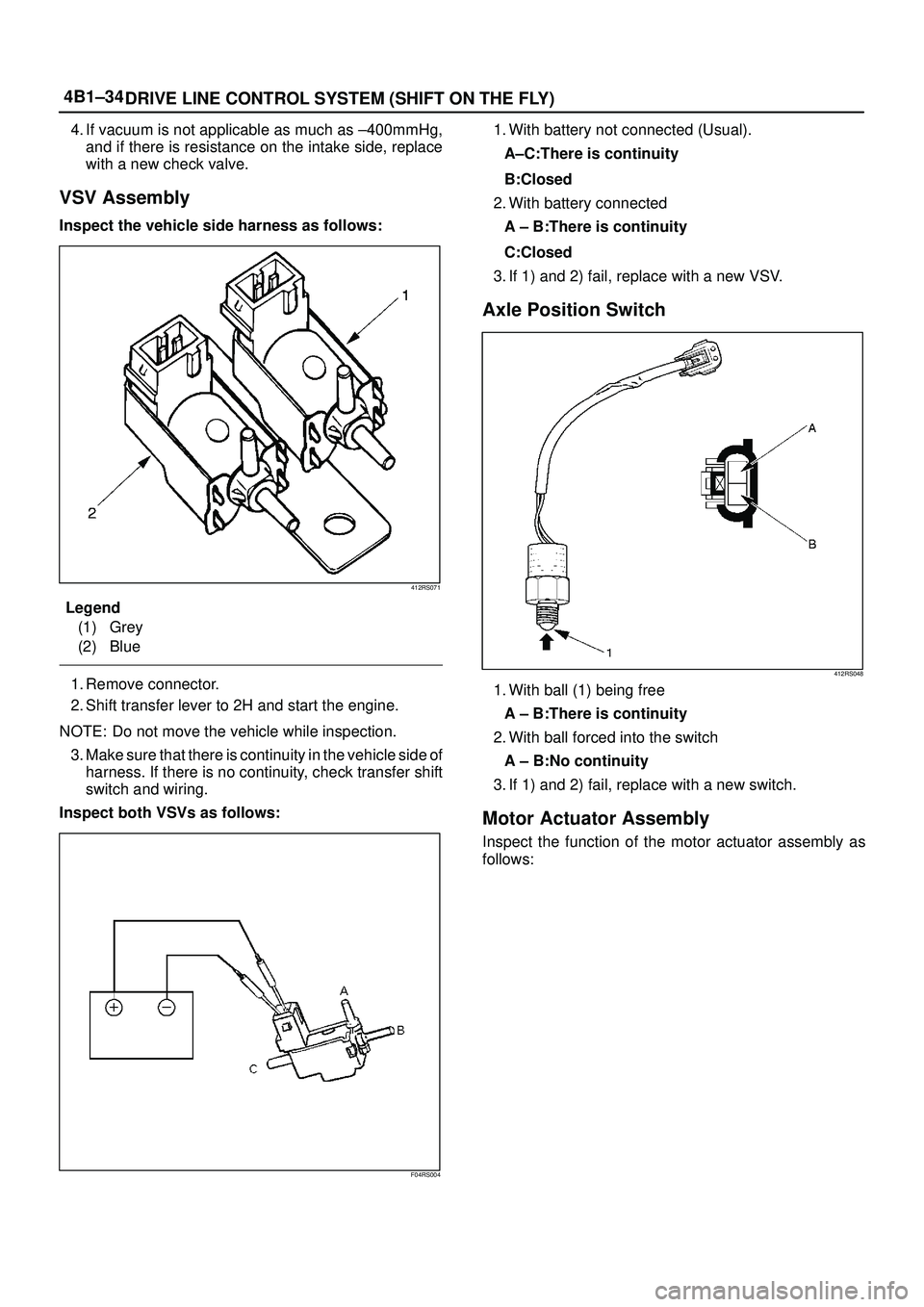 ISUZU TROOPER 1998 Service Owners Guide 4B1±34
DRIVE LINE CONTROL SYSTEM (SHIFT ON THE FLY)
4. If vacuum is not applicable as much as ±400mmHg,
and if there is resistance on the intake side, replace
with a new check valve.
VSV Assembly
In ISUZU TROOPER 1998 Service Owners Guide 4B1±34
DRIVE LINE CONTROL SYSTEM (SHIFT ON THE FLY)
4. If vacuum is not applicable as much as ±400mmHg,
and if there is resistance on the intake side, replace
with a new check valve.
VSV Assembly
In