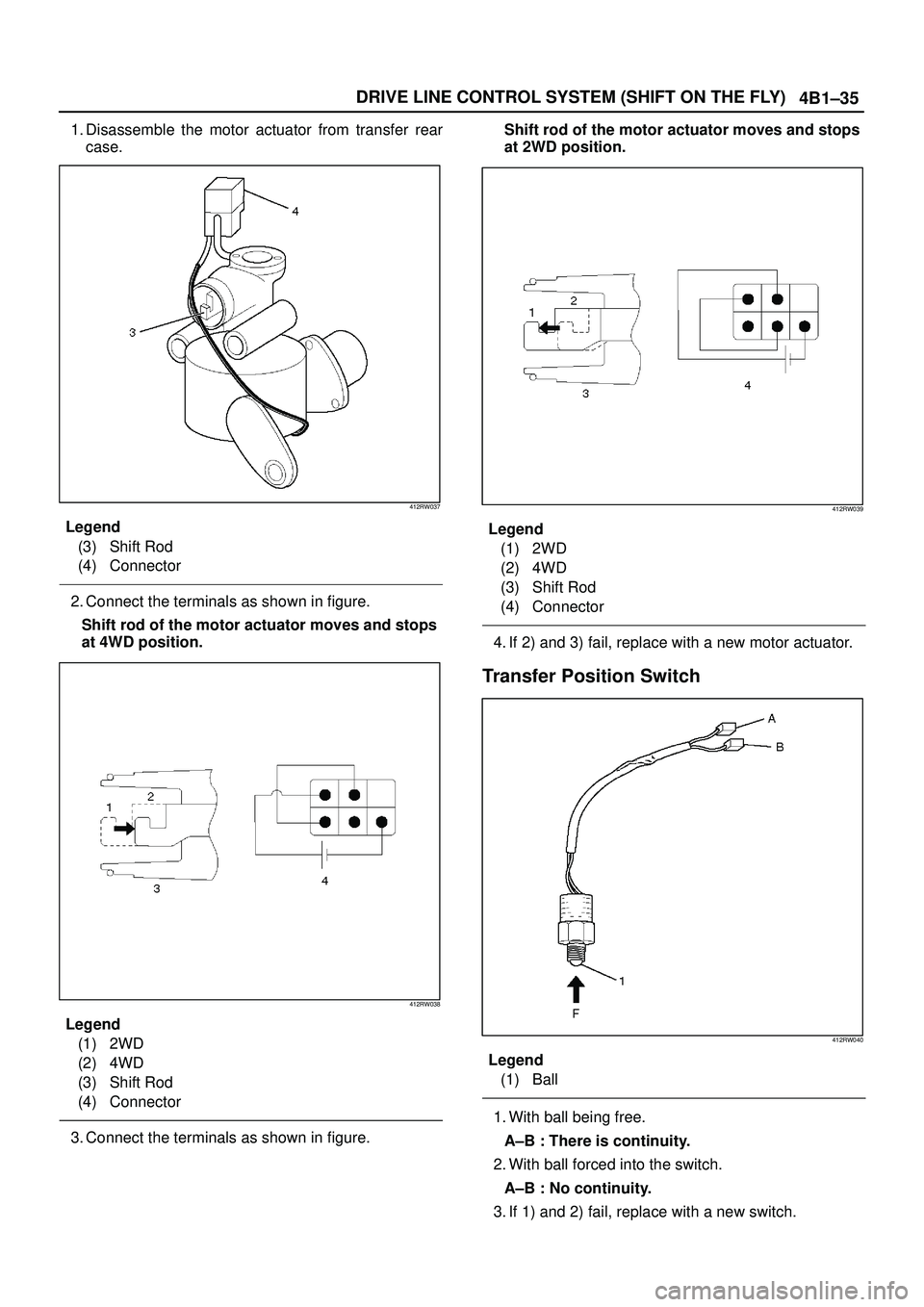 ISUZU TROOPER 1998  Service Repair Manual 4B1±35 DRIVE LINE CONTROL SYSTEM (SHIFT ON THE FLY)
1. Disassemble the motor actuator from transfer rear
case.
412RW037
Legend
(3) Shift Rod
(4) Connector
2. Connect the terminals as shown in figure.
