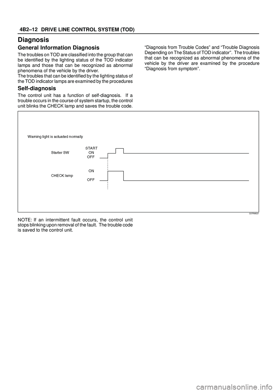 ISUZU TROOPER 1998 Service User Guide DRIVE LINE CONTROL SYSTEM (TOD) 4B2±12
Diagnosis
General Information Diagnosis
The troubles on TOD are classified into the group that can
be identified by the lighting status of the TOD indicator
lam ISUZU TROOPER 1998 Service User Guide DRIVE LINE CONTROL SYSTEM (TOD) 4B2±12
Diagnosis
General Information Diagnosis
The troubles on TOD are classified into the group that can
be identified by the lighting status of the TOD indicator
lam