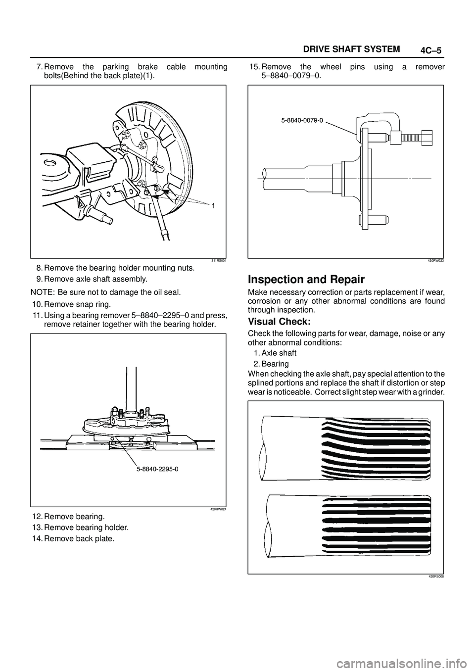 ISUZU TROOPER 1998  Service Repair Manual 4C±5 DRIVE SHAFT SYSTEM
7. Remove the parking brake cable mounting
bolts(Behind the back plate)(1).
311RS001
8. Remove the bearing holder mounting nuts.
9. Remove axle shaft assembly.
NOTE: Be sure n