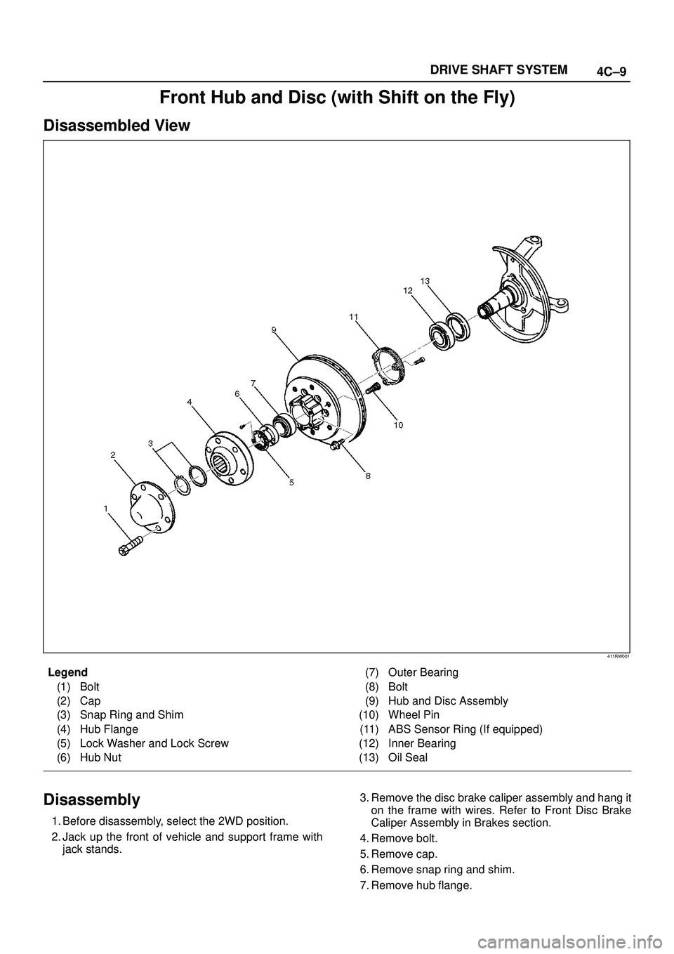 ISUZU TROOPER 1998  Service Repair Manual 4C±9 DRIVE SHAFT SYSTEM
Front Hub and Disc (with Shift on the Fly)
Disassembled View
411RW001
Legend
(1) Bolt
(2) Cap
(3) Snap Ring and Shim
(4) Hub Flange
(5) Lock Washer and Lock Screw
(6) Hub Nut(