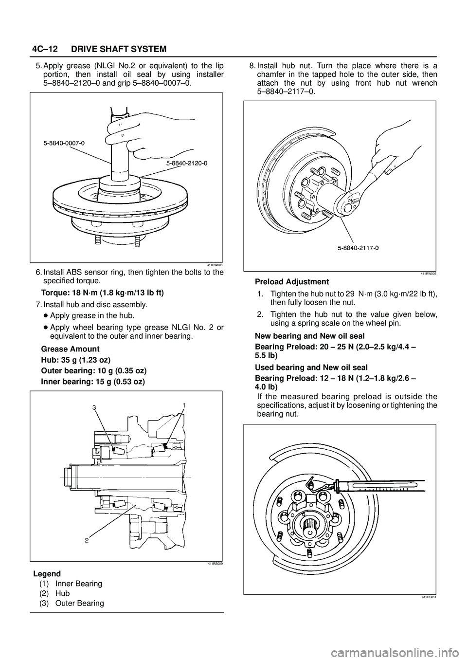 ISUZU TROOPER 1998  Service Repair Manual 4C±12
DRIVE SHAFT SYSTEM
5. Apply grease (NLGI No.2 or equivalent) to the lip
portion, then install oil seal by using installer
5±8840±2120±0 and grip 5±8840±0007±0.
411RW008
6. Install ABS sen